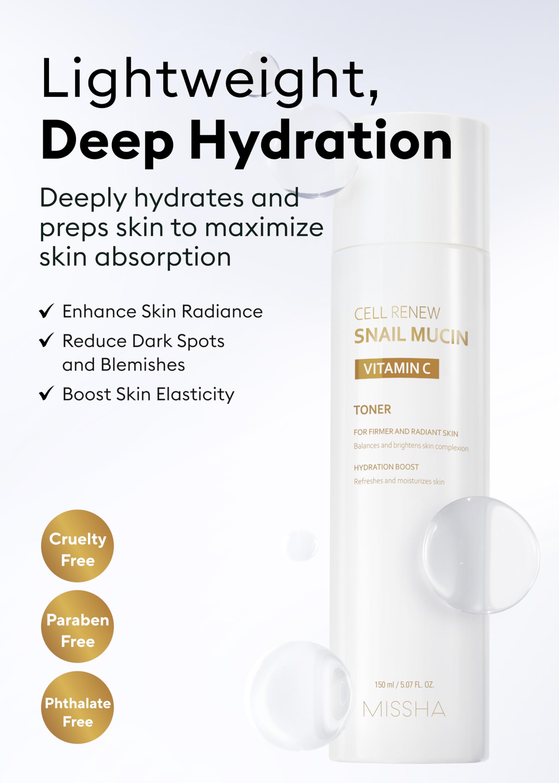 MISSHA Cell Renew Snail Mucin Vitamin C Toner 5.07 Fl oz - Korean Skincare Facial Toner for Glass Skin, 90% Snail Mucin Vita Complex, Deep Hydration, Improves Skin Texture, Mother's Day Gifts