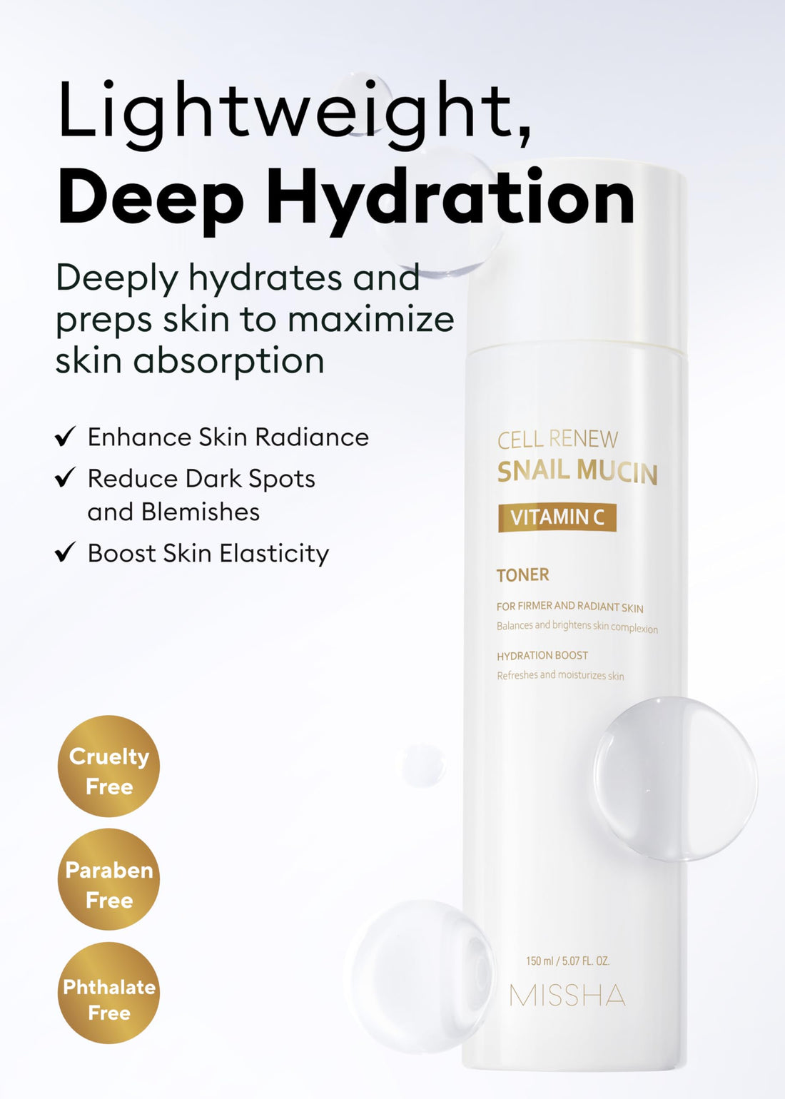 MISSHA Cell Renew Snail Mucin Vitamin C Toner 5.07 Fl oz - Korean Skincare Facial Toner for Glass Skin, 90% Snail Mucin Vita Complex, Deep Hydration, Improves Skin Texture, Mother's Day Gifts