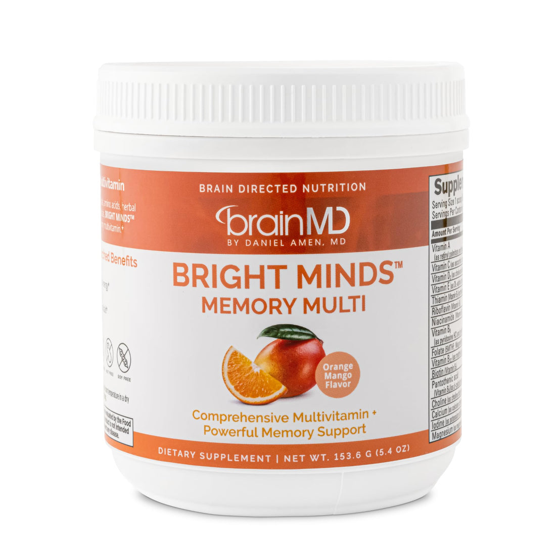 Dr Amen BrainMD Bright Minds Memory Multi, Orange Mango Flavor - 5.4 oz Powder - Multivitamin & Memory Support - Gluten Free, Sugar Free - 30 Servings
