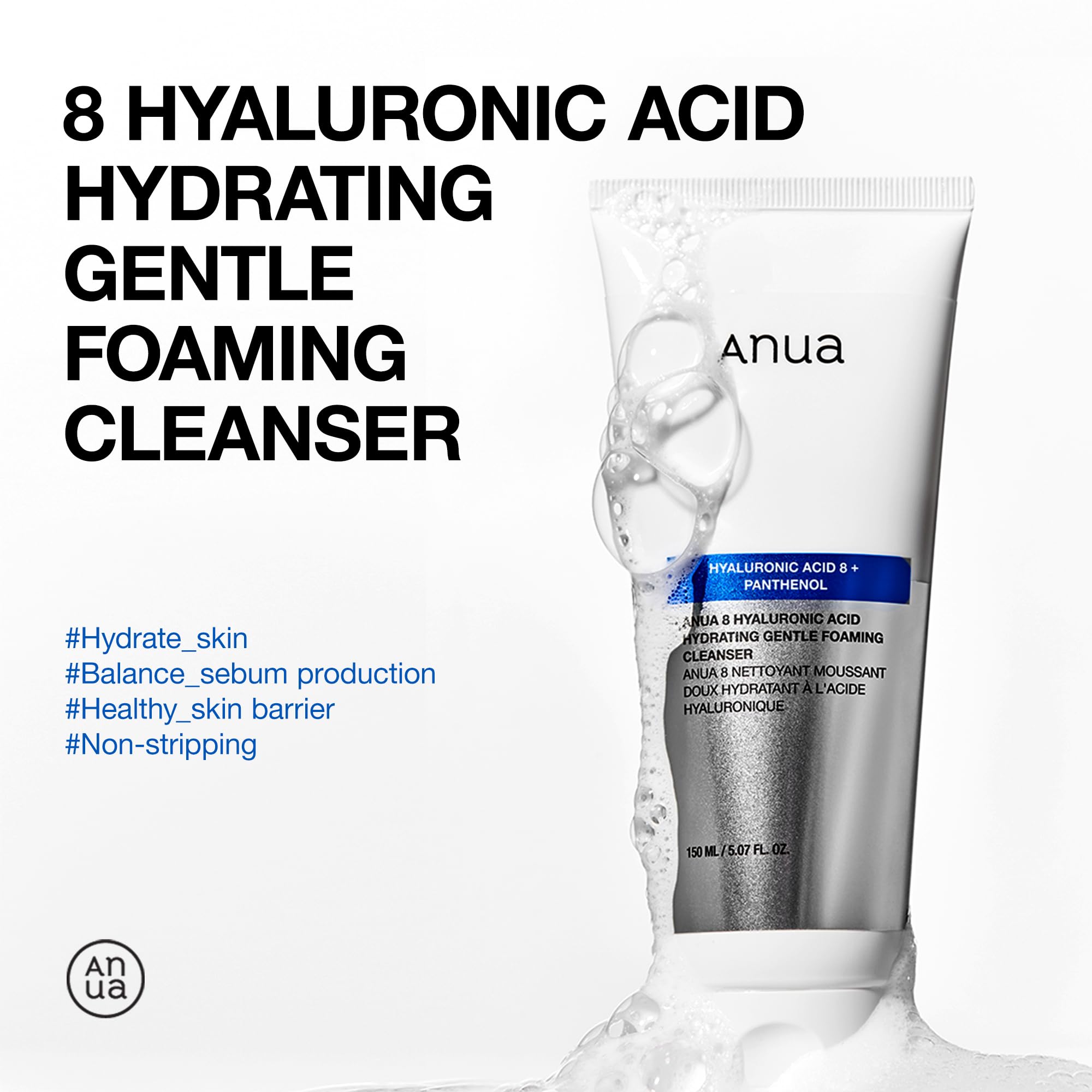 ANUA Hydrating Gentle Foaming Cleanser, Hyaluronic Acid, Glycerin, Zinc, Panthenol, Korean Face Wash for Dry Skin, for Double Cleansing, Korean Skincare (150ml/5.07fl oz.)