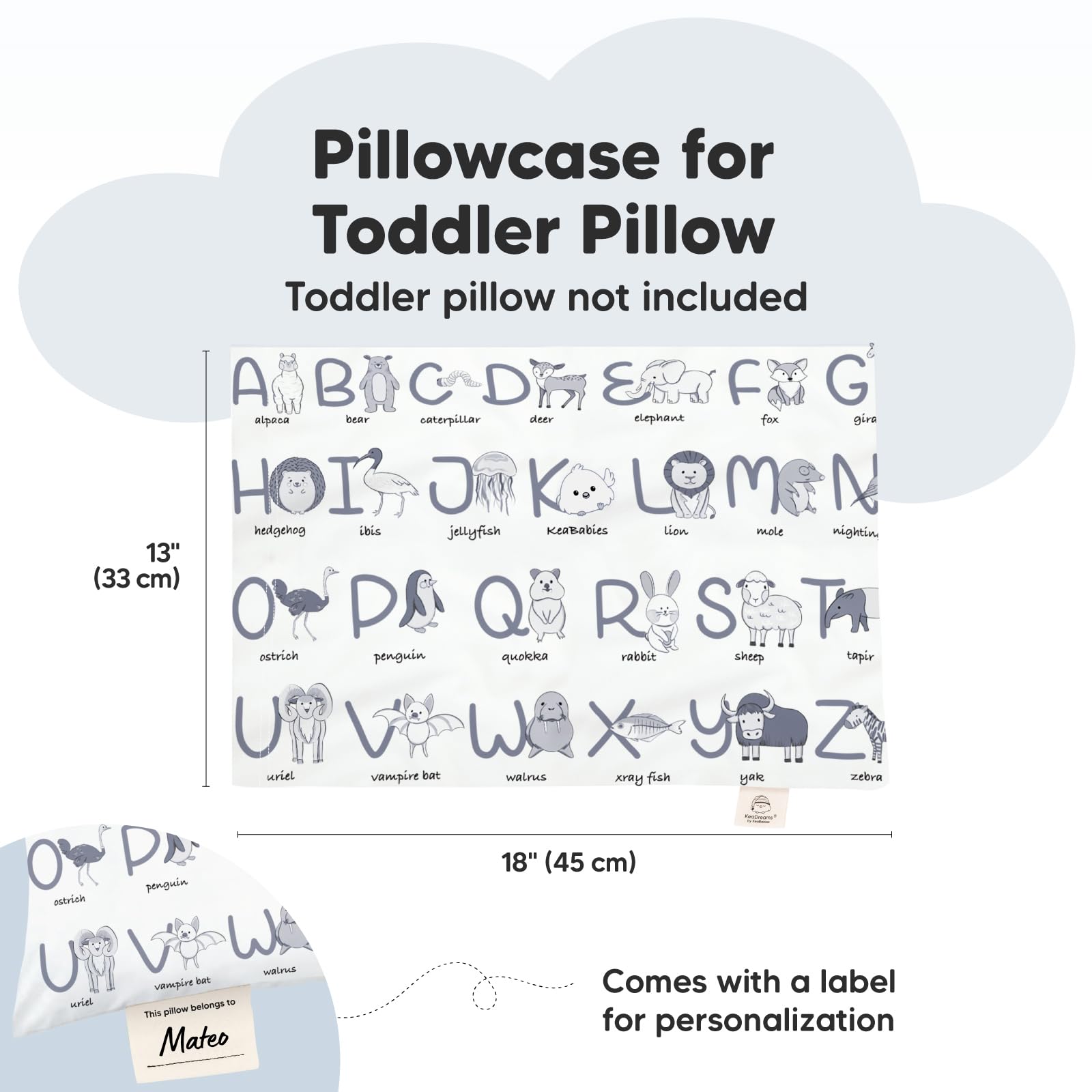 KeaBabies Toddler Pillowcase 13x18 - Organic Cotton Toddler Pillowcase for Kids, Boys, Girls, Soft & Durable Cotton Cover for Miniature Sleepy Pillows, Cute Colors, Pillow Sold Separately(Alphamals)