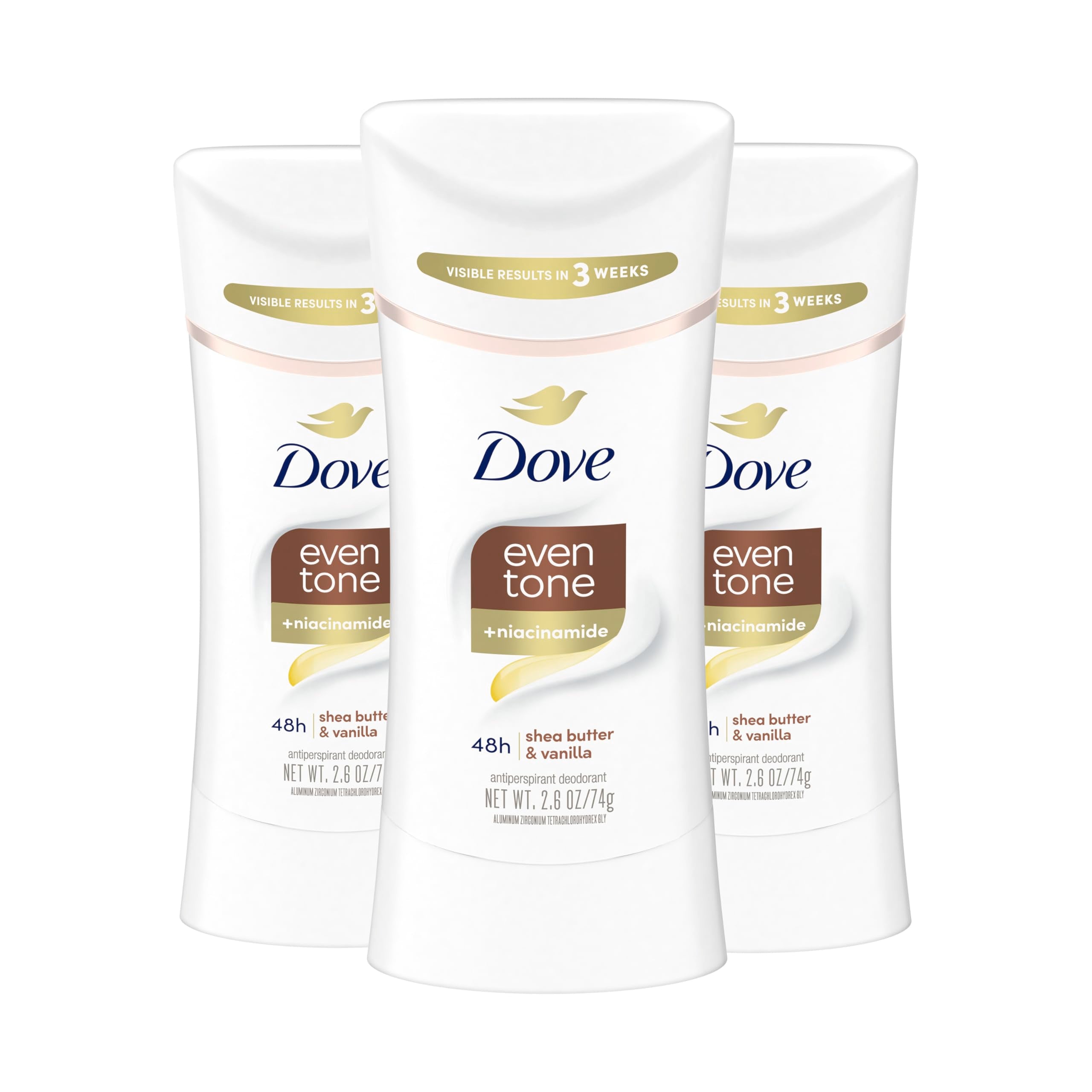 Dove Antiperspirant Deodorant Stick Even Tone Shea Butter & Vanilla Pack of 3 for 48h Odor and Sweat Protection & Skin Restoration, with Niacinamide & Visible Results in 3 Weeks, 2.6 oz