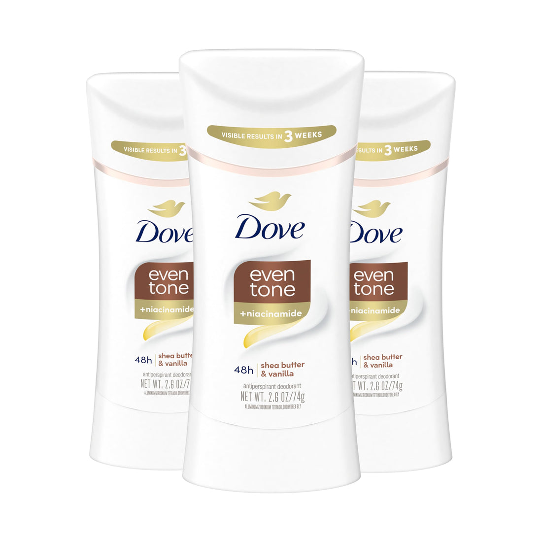 Dove Antiperspirant Deodorant Stick Even Tone Shea Butter & Vanilla Pack of 3 for 48h Odor and Sweat Protection & Skin Restoration, with Niacinamide & Visible Results in 3 Weeks, 2.6 oz