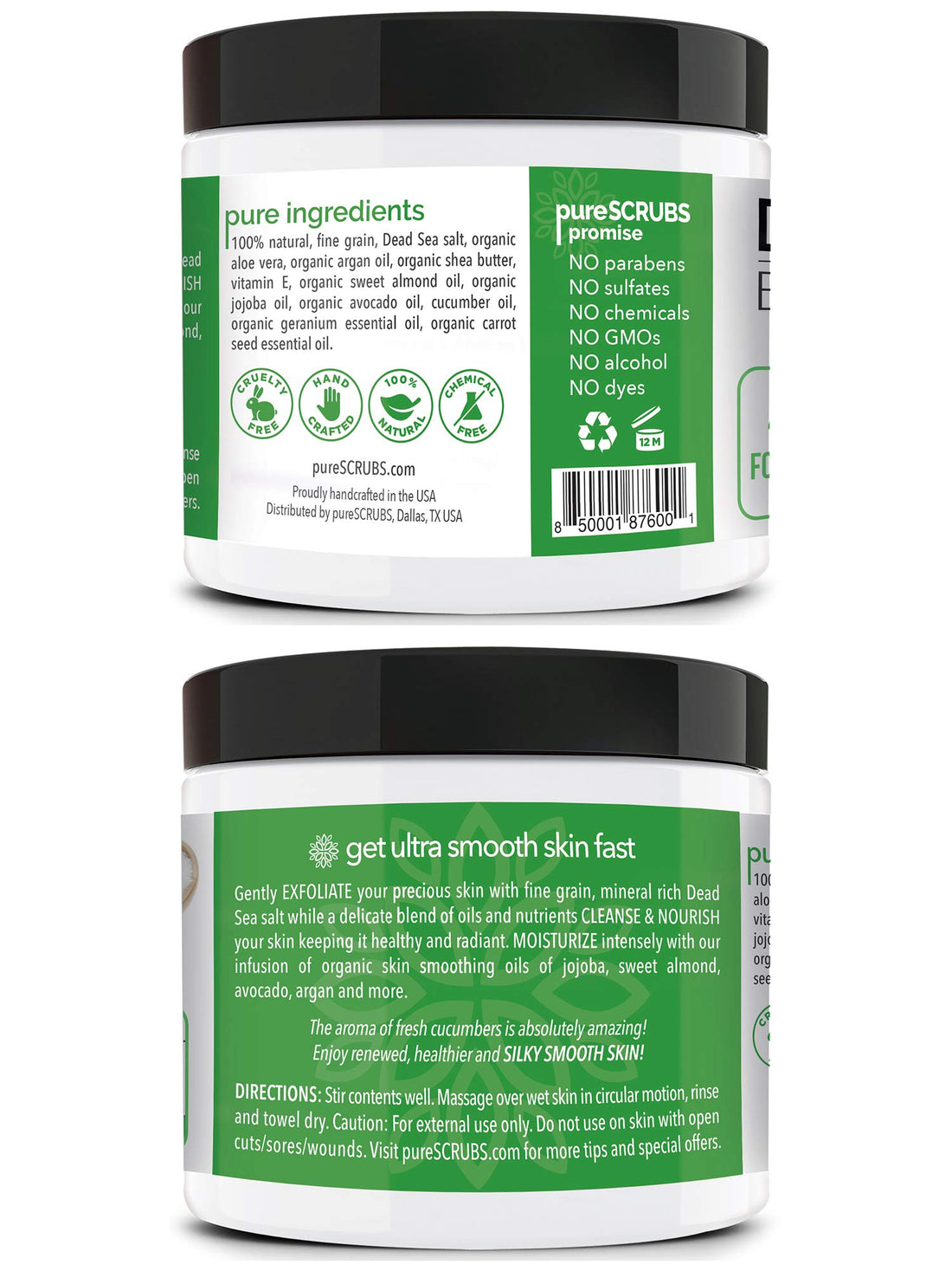 pureSCRUBS Premium Cucumber Body Scrub Set - Large 16oz Dead Sea Salt Body Scrub for Women Exfoliation KP Bump Eraser Body Scrub Includes Wooden Spoon, Loofah & Soap