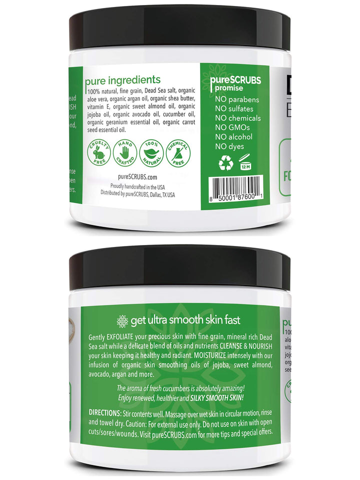 pureSCRUBS Premium Cucumber Body Scrub Set - Large 16oz Dead Sea Salt Body Scrub for Women Exfoliation KP Bump Eraser Body Scrub Includes Wooden Spoon, Loofah & Soap