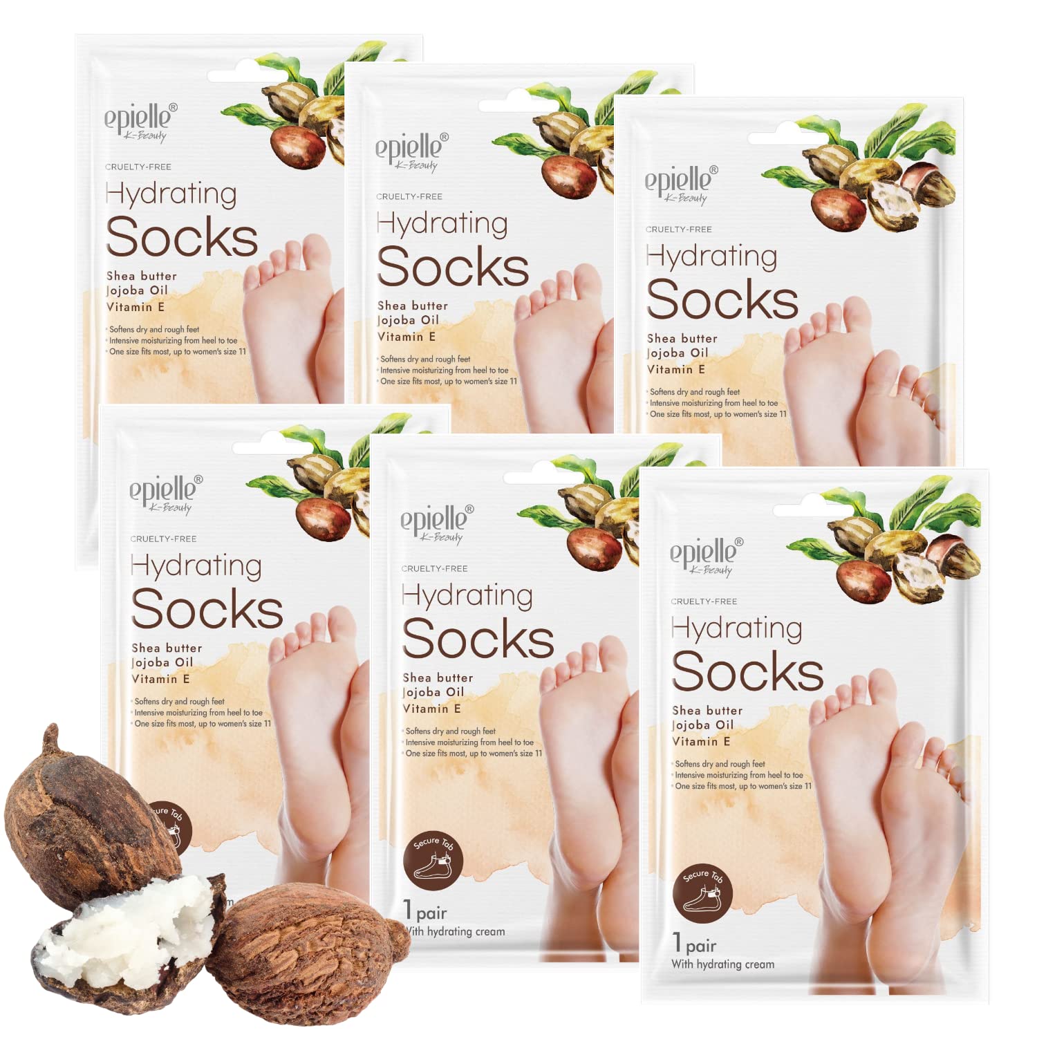 Epielle Hydrating Foot Masks, 6 Pairs of Moisturizing Socks for Cracked Feet, Dry Heels, Toes & Calluses, Shea Butter, Jojoba Oil, Vitamin E, Korean Skincare, Easter Gifts, Mother's Day Gifts