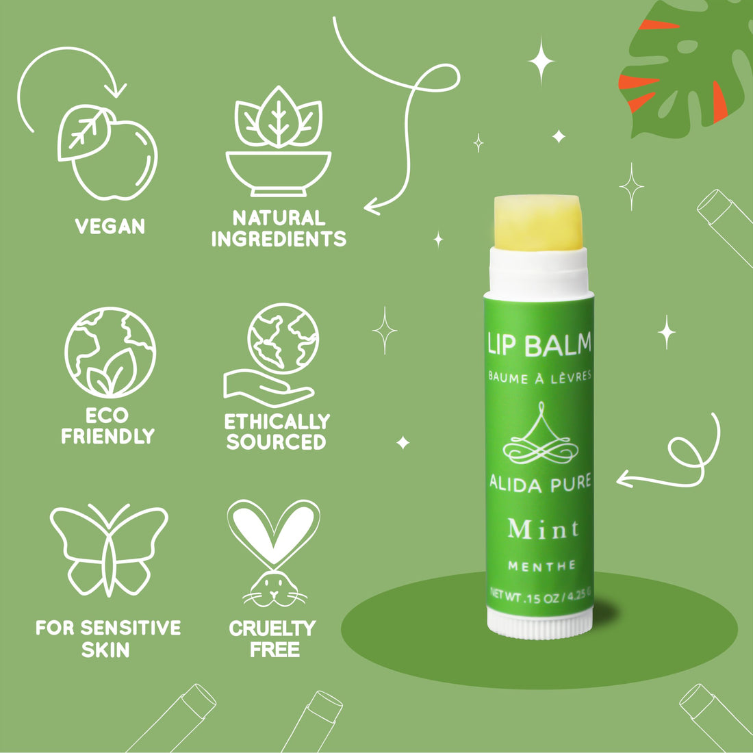 PURE + SIMPLE Peppermint Lip Balm Collection, Vegan, Set of 5 Tubes, Avocado Butter, Jojoba Oil, Vitamin E Complex Healing Treatment