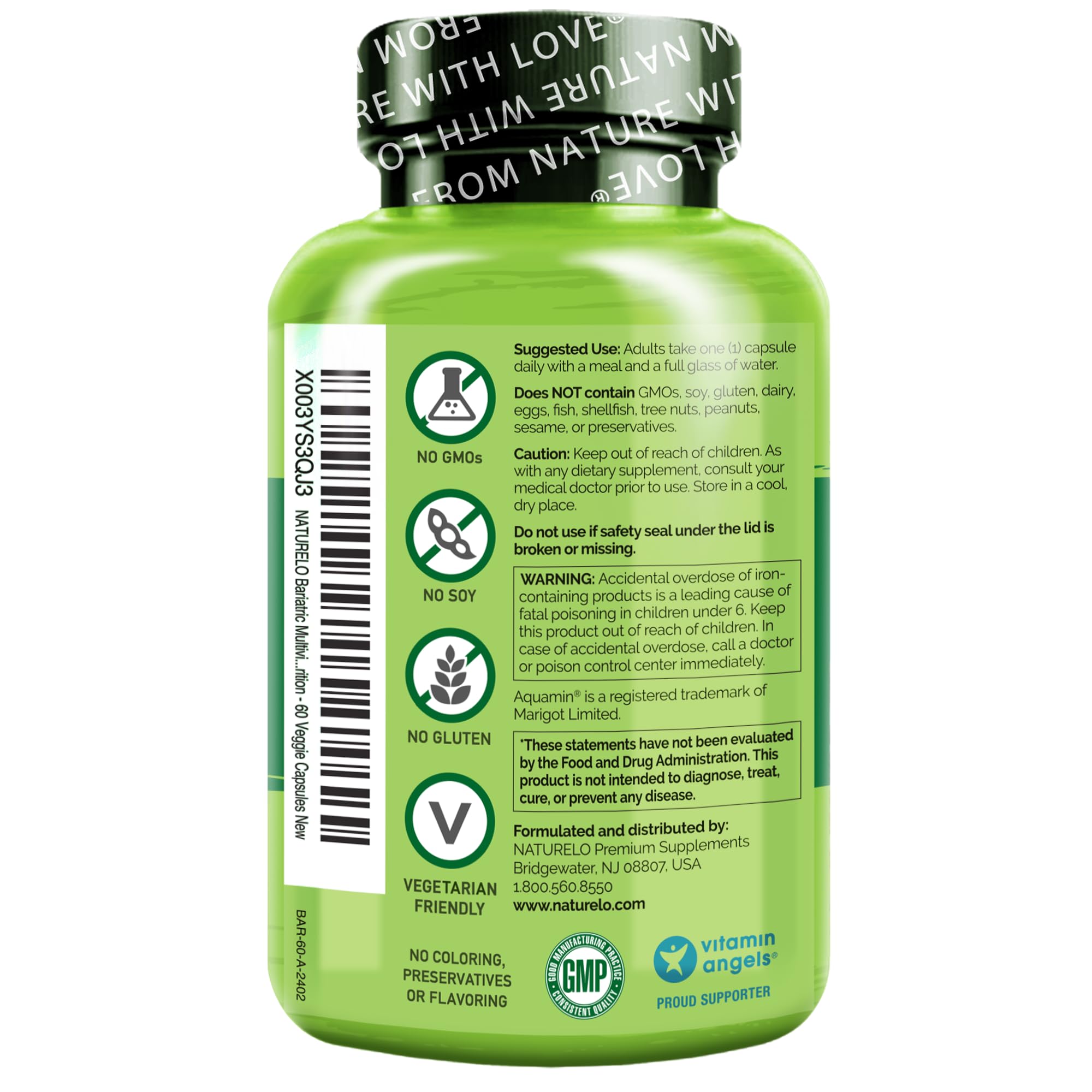 NATURELO Bariatric Multivitamin - One Daily with Iron - Supplement for Post Gastric Bypass Surgery Patients - Natural Whole Food Nutrition - 60 Veggie Capsules