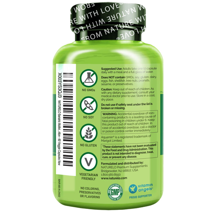 NATURELO Bariatric Multivitamin - One Daily with Iron - Supplement for Post Gastric Bypass Surgery Patients - Natural Whole Food Nutrition - 60 Veggie Capsules