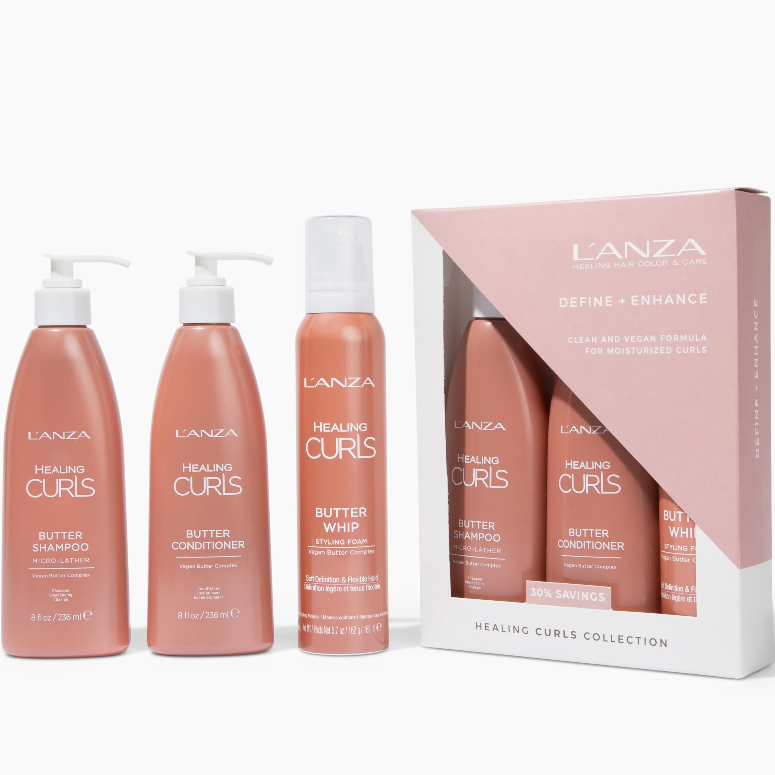 L'ANZA Healing Curls Trio Hair Kit, Curly Hair Shampoo and Conditioner with Curl Defining Styling Foam in a Gift Box, Luxury Hair Care Kit for Curly and Wavy Hair (8/8/5.7 Fl Oz)