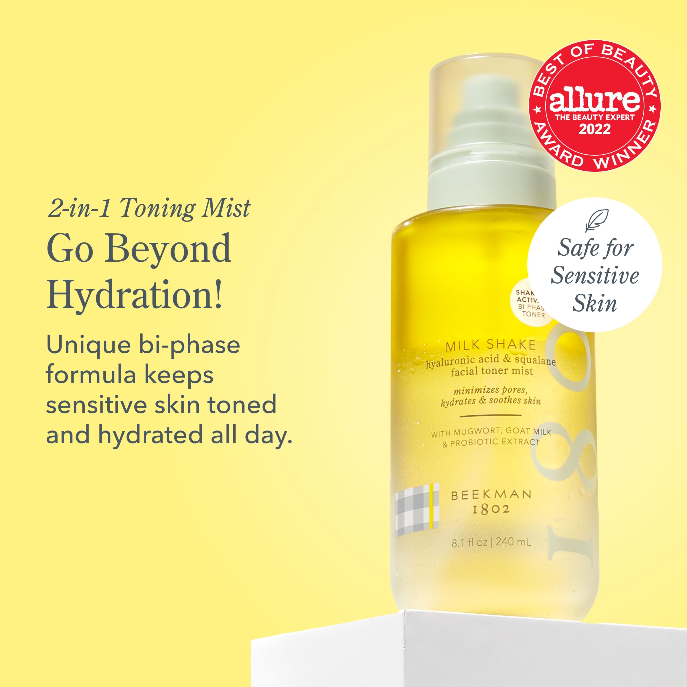 Beekman 1802 Milk Shake Hydrating Face Mist - Hyaluronic Acid & Squalane Facial Mist Minimizes Pores & Gently Moisturizes - Makeup Setting Spray - Fragrance-Free