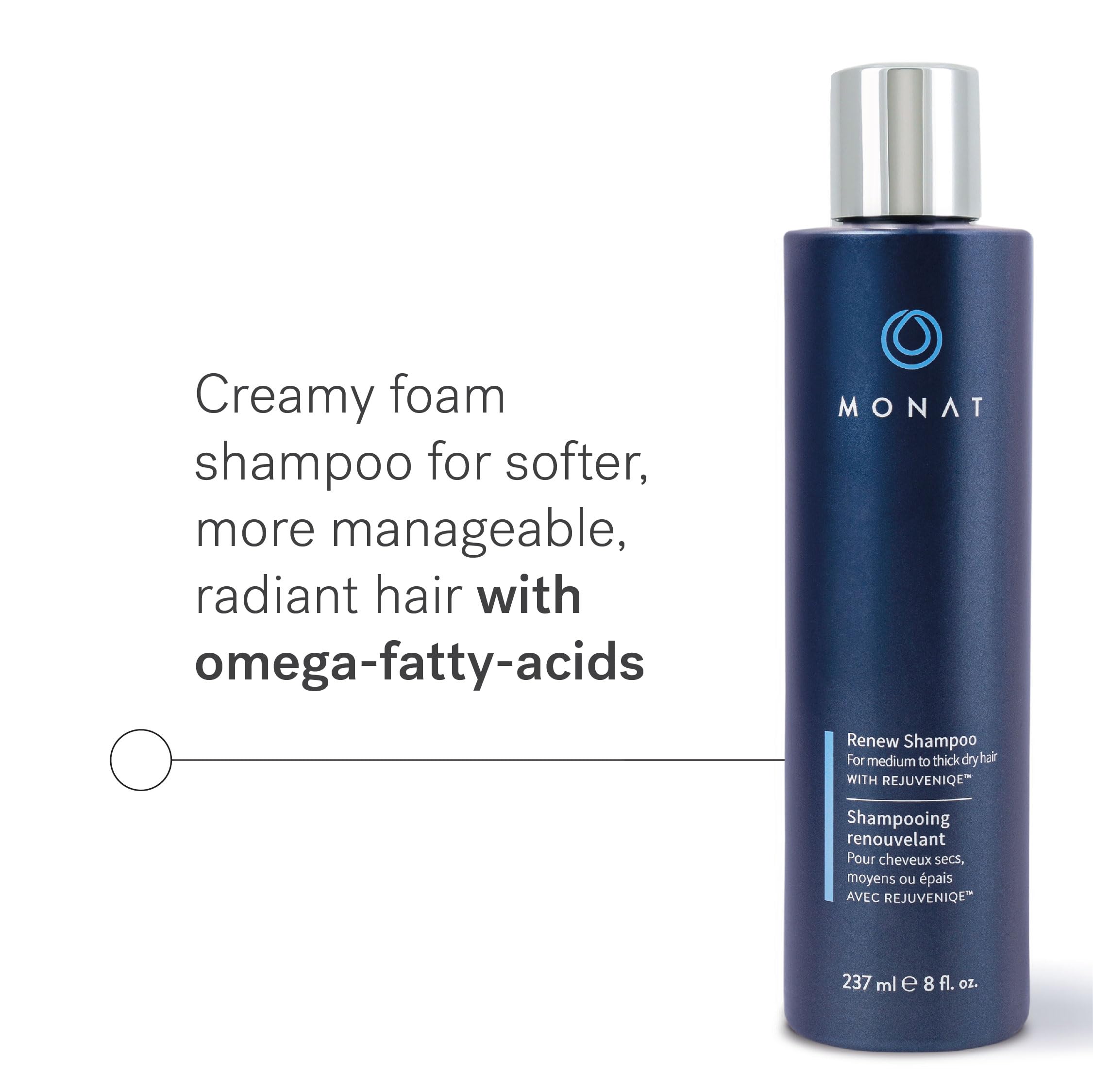 MONAT Renew Shampoo Infused with Rejuveniqe® - Moisturizing Shampoo w/Omega Fatty Acids for Medium to Thick Hair. Shine-enhancing, Ultra-hydrating Lather for Dry Hair - Net Wt. 237 ml / 8.0 fl. oz.