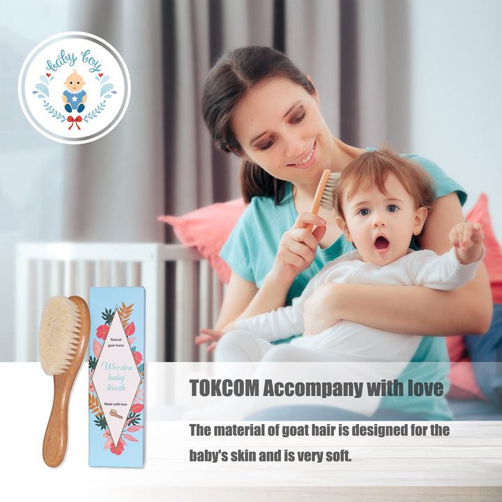 Tokcom Baby Hairbrush, Baby Massage Brush with Wooden Handle & Super Soft Goat Bristles for Newborns & Toddlers