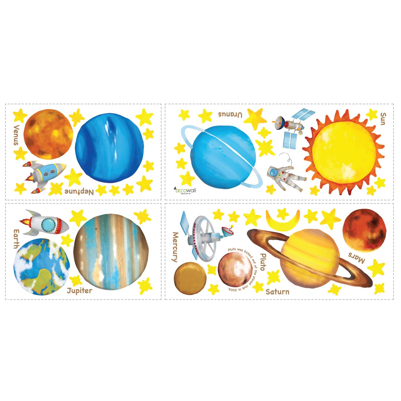 Decowall DS8-1307 Planets in The Space Kids Wall Decals Wall Stickers Peel and Stick Removable Wall Stickers for Kids Nursery Bedroom Living Room