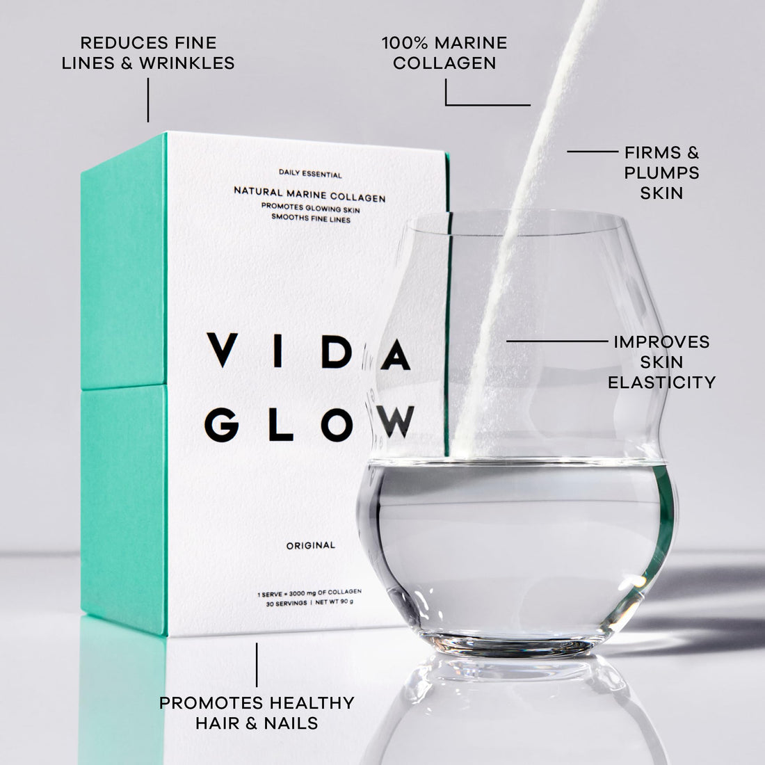 Vida Glow Marine Collagen Powder - Anti Aging Supplement with Collagen Peptides, Promotes Glowing Skin, Strong Nails, Healthy Hair | 30 Servings, Original Flavor