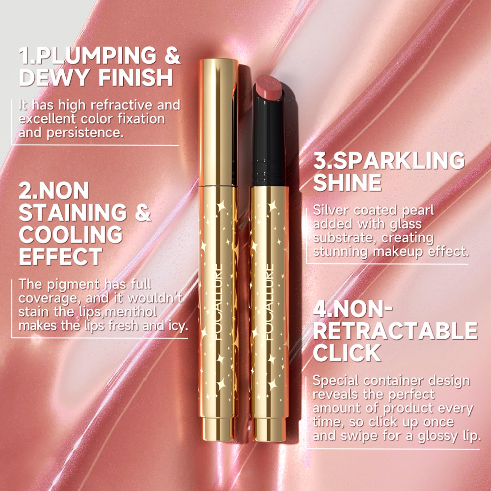 FOCALLURE Shimmer Lipstick,Moisturizing Plumping Lip Gloss,Shimmery Glossy Finish,Hydrating,Long Lasting,Non-Stick Cup Lip Makeup,High Shine for Plumper Looking Lips,Hallucinate