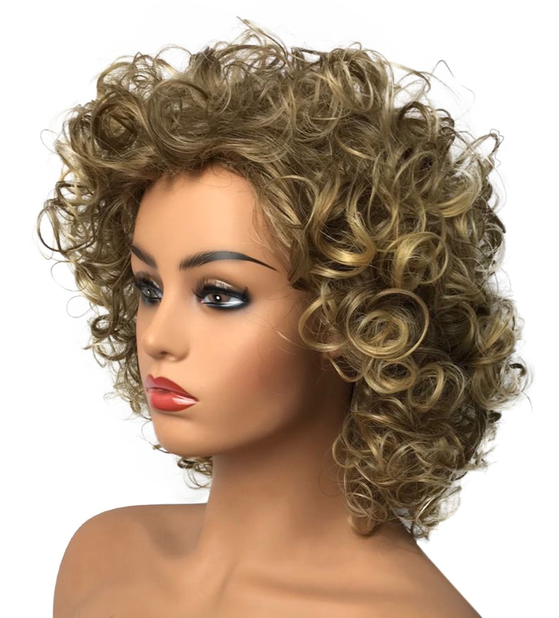 Dark Gold: Wiginway Women Short Curly Heat Resistant Synthetic Hair Wigs Big Curly Dark Blonde Fashion Wigs 8 Inch
