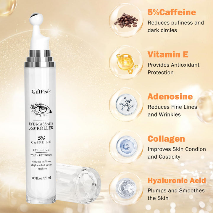 Caffeine Eye Serum for Dark Circles,Eye Serum Roller Eye Skin Care for Puffy Eye Bags Fine Lines Dark Circles Wrinkles Under Eye Cream For Women & Men 0.5 fl. oz