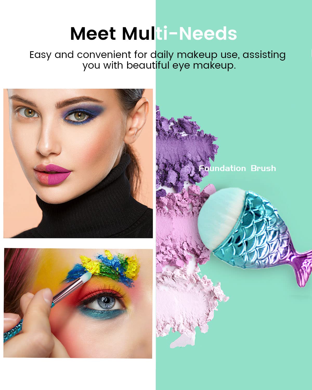 Mermaid Makeup Brushes Set with Bag Citicolor Chubby Fish Foundation Brush 11pcs Soft Nylon Bristles Beauty Make Up Kits, Blending Blush concealer Eye Face Lip Cosmetic Tools (Mermaid Shape 11pcs)