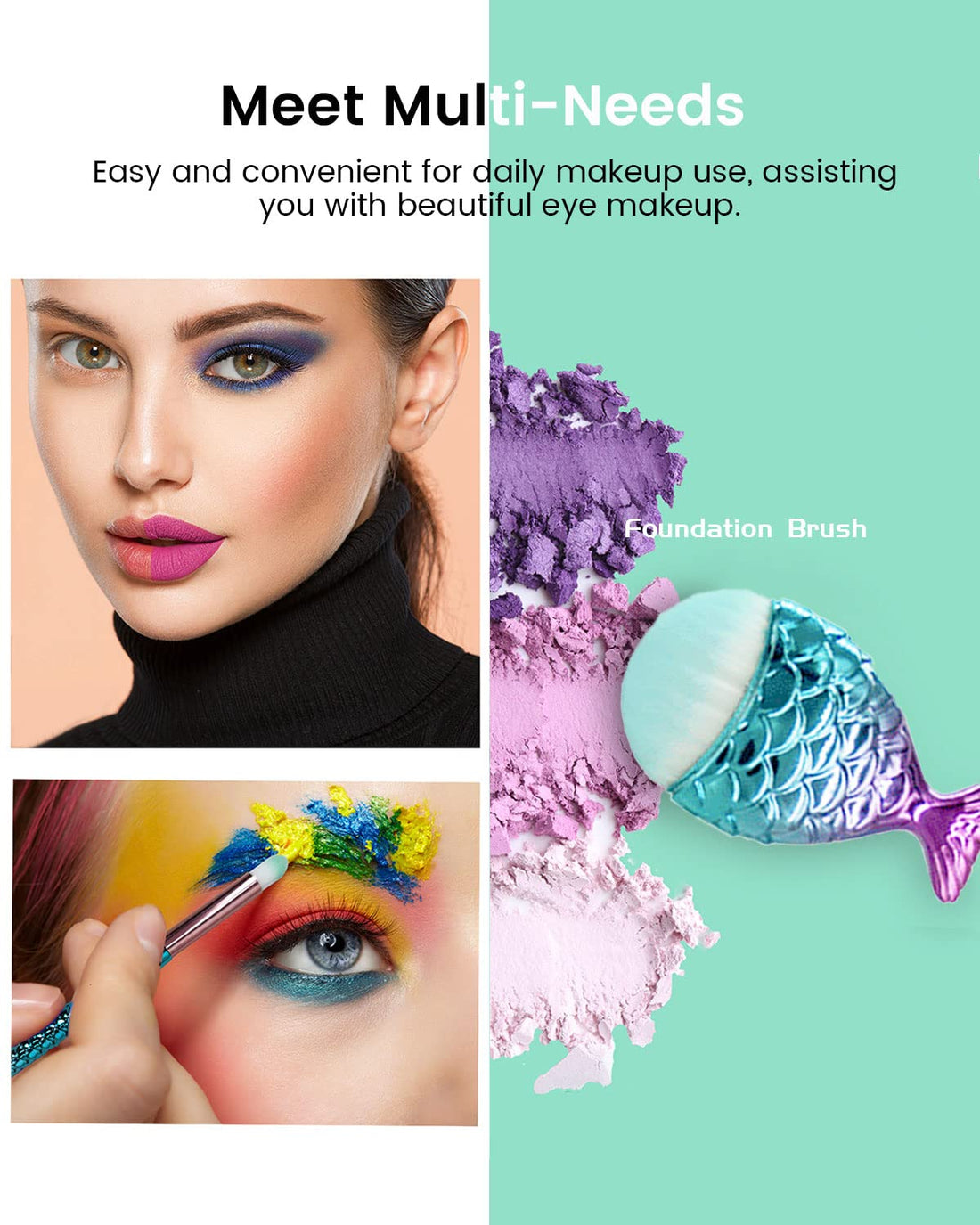 Mermaid Makeup Brushes Set with Bag Citicolor Chubby Fish Foundation Brush 11pcs Soft Nylon Bristles Beauty Make Up Kits, Blending Blush concealer Eye Face Lip Cosmetic Tools (Mermaid Shape 11pcs)