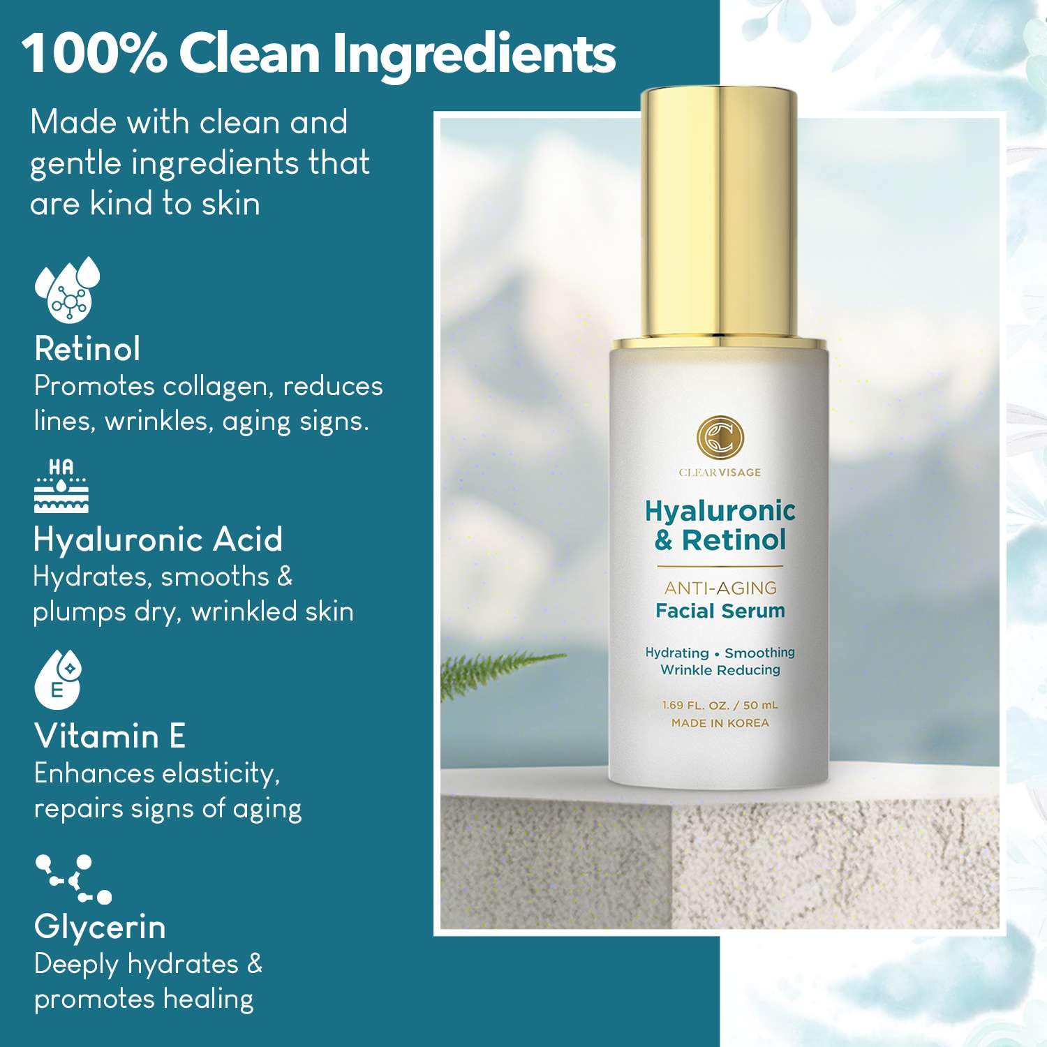 Clear Visage Hyaluronic Acid & Retinol Serum - Revitalizing Anti-Aging, Radiant Glowing Complexion, Wrinkle Reduction - Dermatologist Tested, Korean Skin Care, Clean Beauty - 1.69 fl. oz