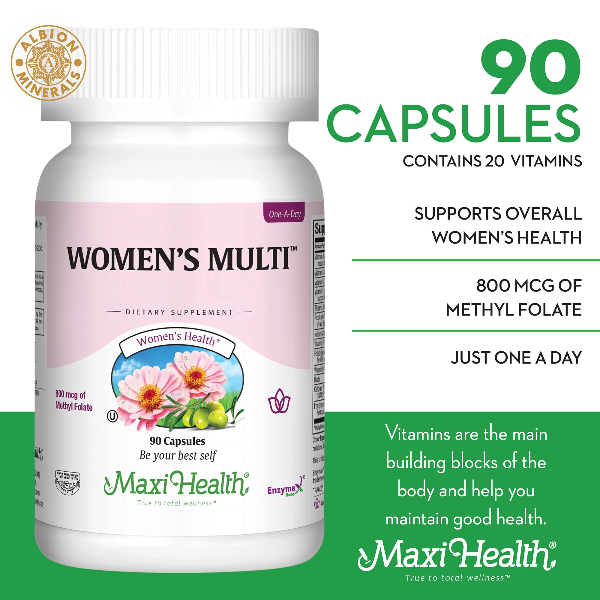 Maxi Health Women's Daily Multivitamin Biotin, Vitamins A B C D E, Calcium, Zinc, Lutein, Magnesium, Folate and More. Supports Gut Health for Women. Natural, Non-GMO, Gluten Free & Dairy Free Kosher