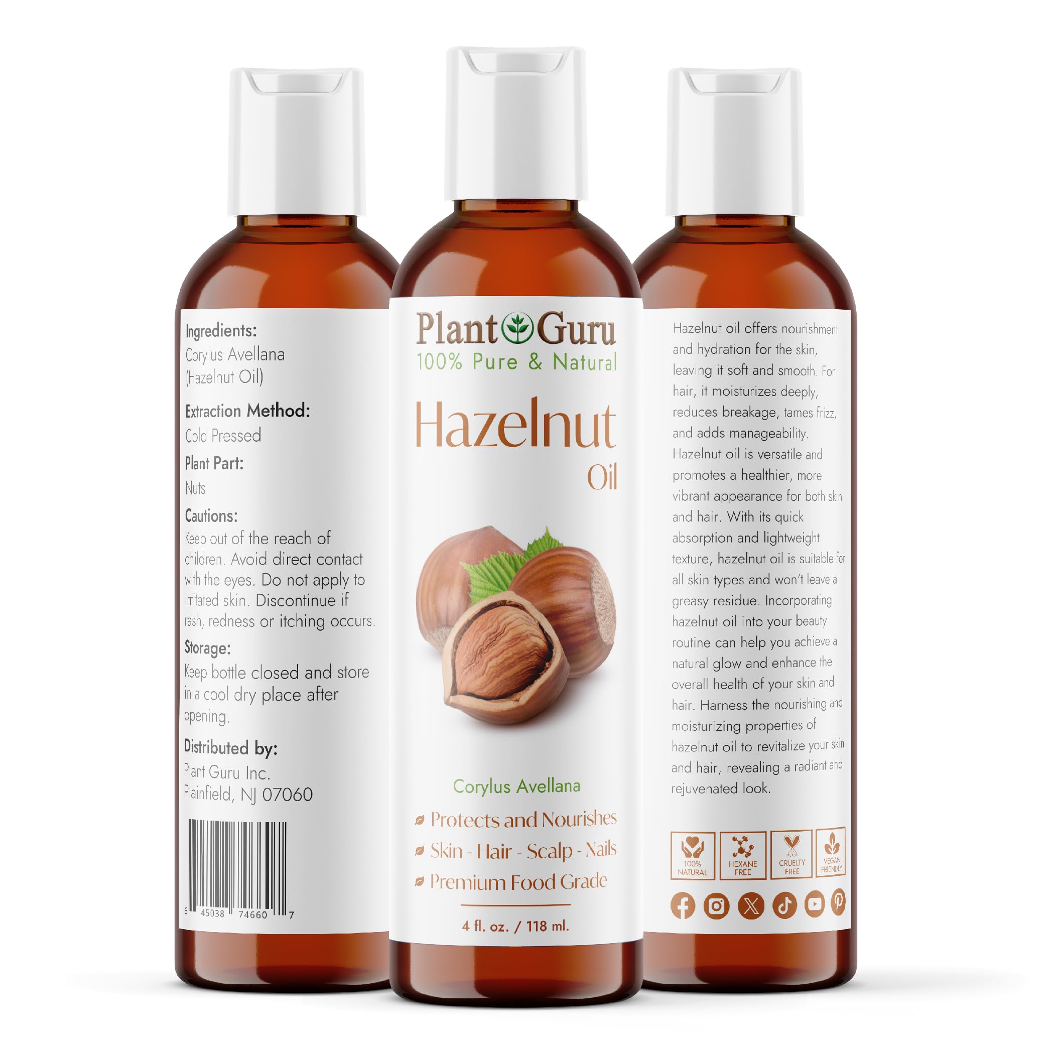 Hazelnut Oil 4 fl. oz. Cold Pressed 100% Pure Natural Carrier - Skin, Face, Body And Hair Growth Moisturizer. Great For DYI Cream, Lotions and Lip balm.