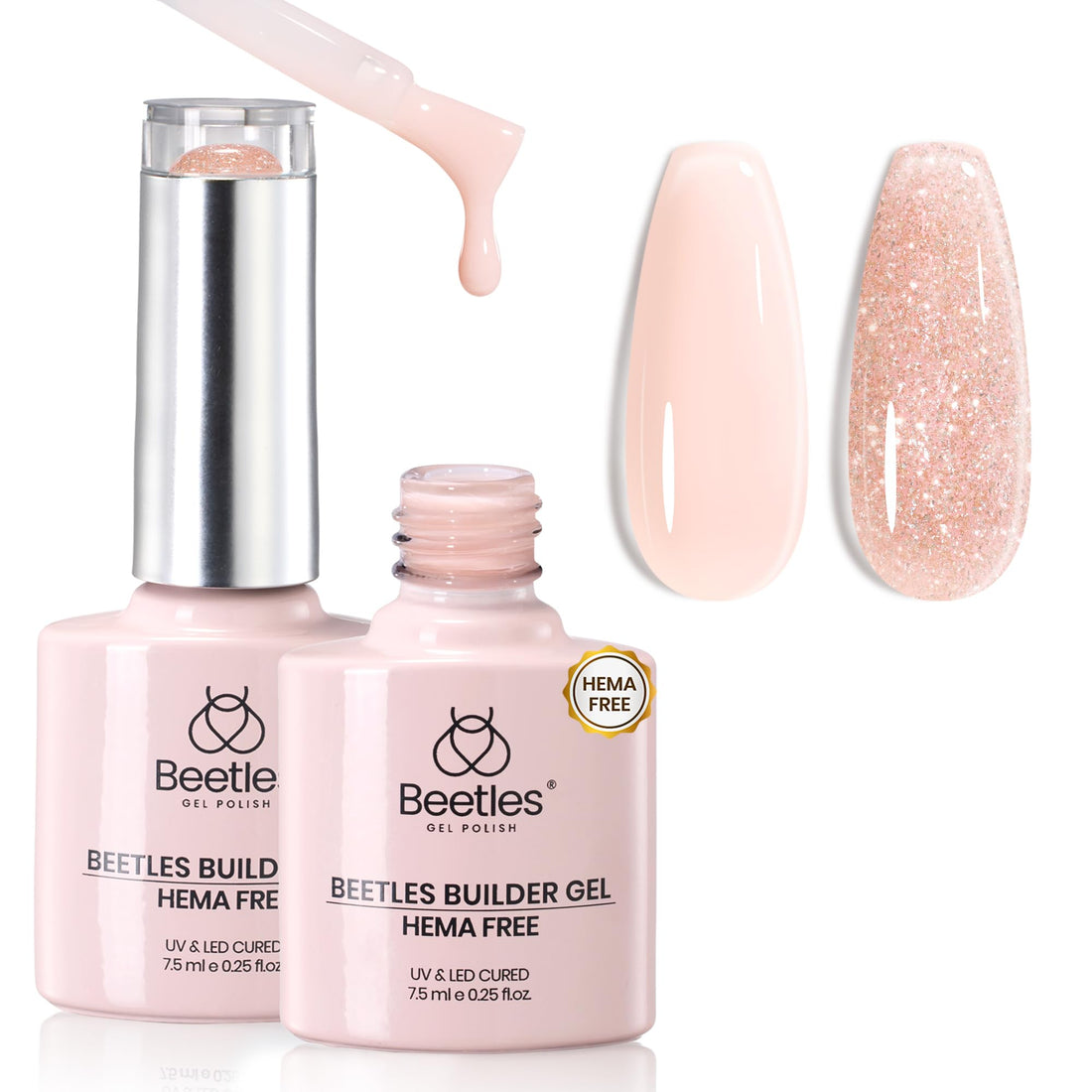 Beetles Hema-Free Builder Gel 2 Colors 7 in 1 Nude Glitter Builder Gel for Nail Apex & Extension Strengthener Upgraded Bottle LED Lamp DIY Manicure Salon Beauty Gift Sets for Women