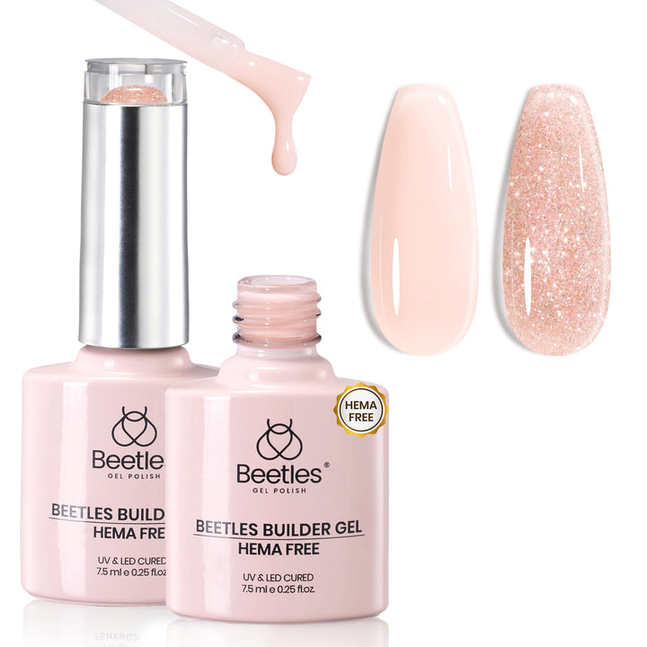 Beetles Hema-Free Builder Gel 2 Colors 7 in 1 Nude Glitter Builder Gel for Nail Apex & Extension Strengthener Upgraded Bottle LED Lamp DIY Manicure Salon Beauty Gift Sets for Women
