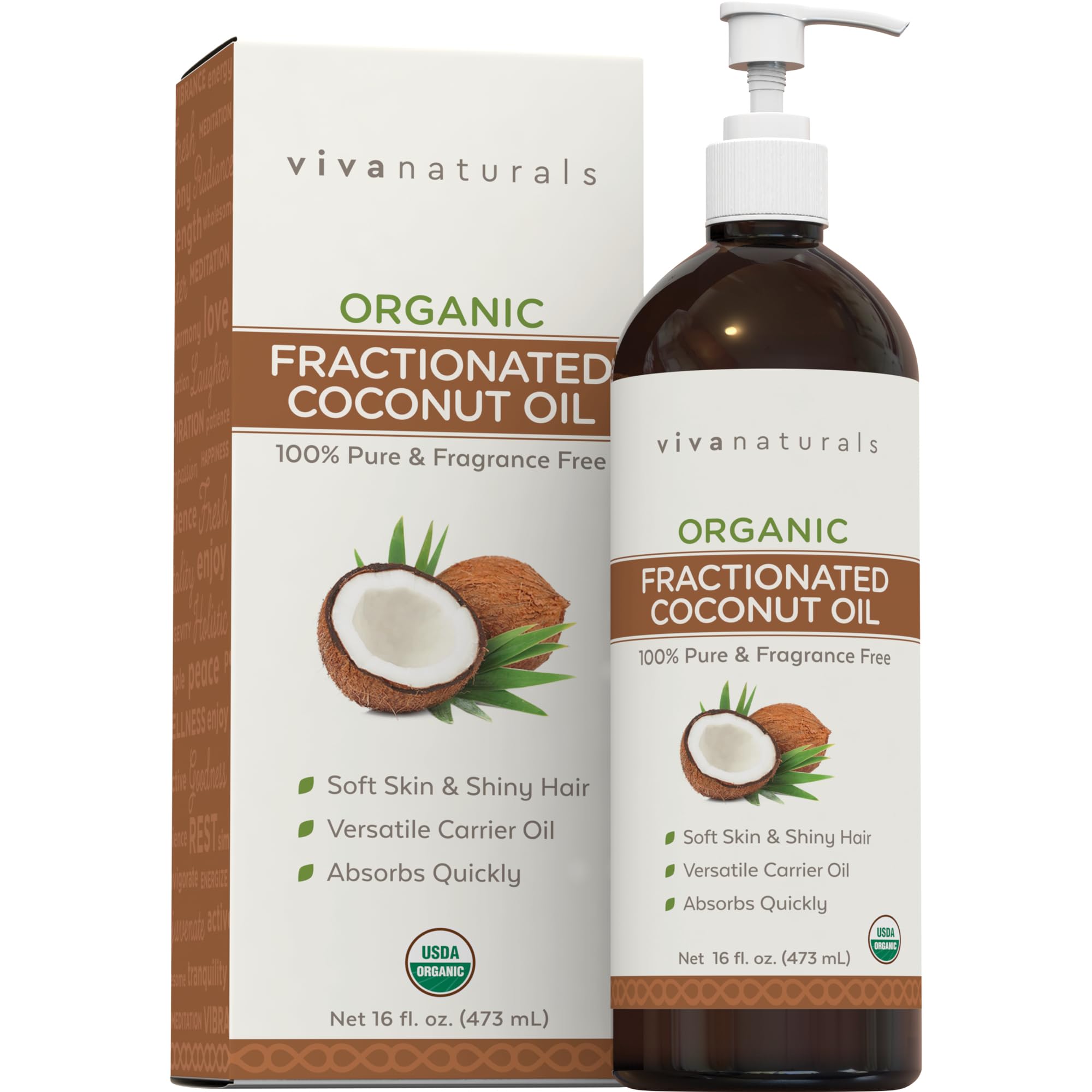 Viva Naturals Organic Fractionated Coconut Oil - Skin & Hair Moisturizer, Relaxing Massage and Body Oil, Carrier Oil for Essential Oils Mixing, Pure Non-Greasy Coconut Oil for Skin and Hair, 16 fl oz