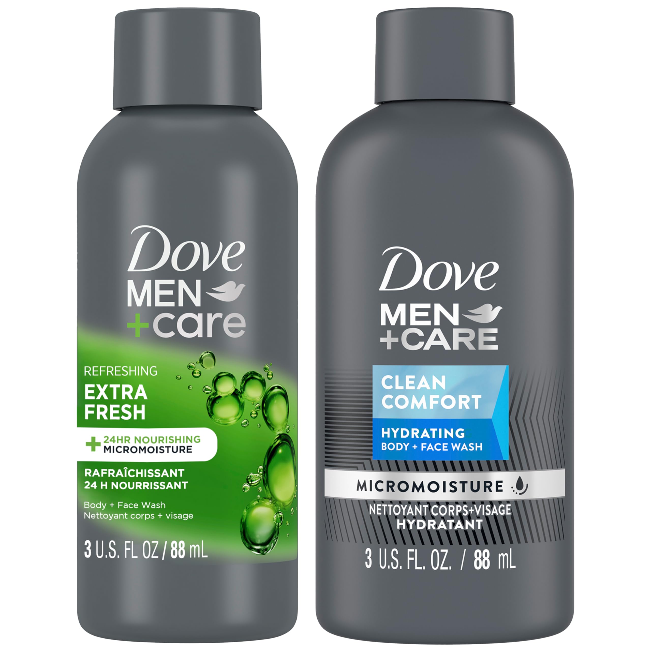 DOVE MEN + CARE Body & Face Wash Variety 2-Pack –Extra Fresh + Clean Comfort, Travel Essentials, 3 Oz Ea