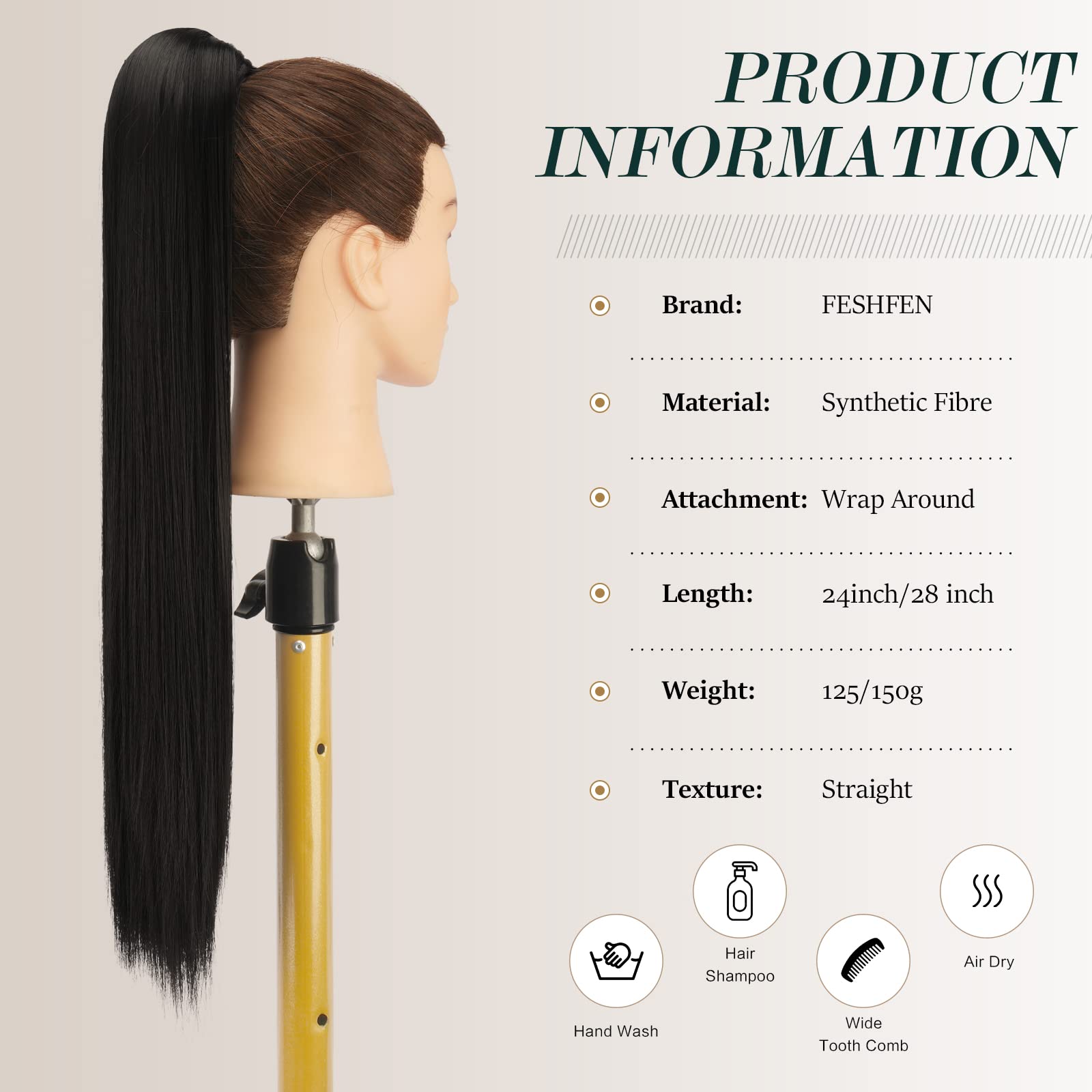 FESHFEN Straight Ponytail Extensions 28 Inch Long Wrap Around Synthetic Hair Piece Clip in Ponytail Hair Extensions Hairpiece for Women Girls 150g