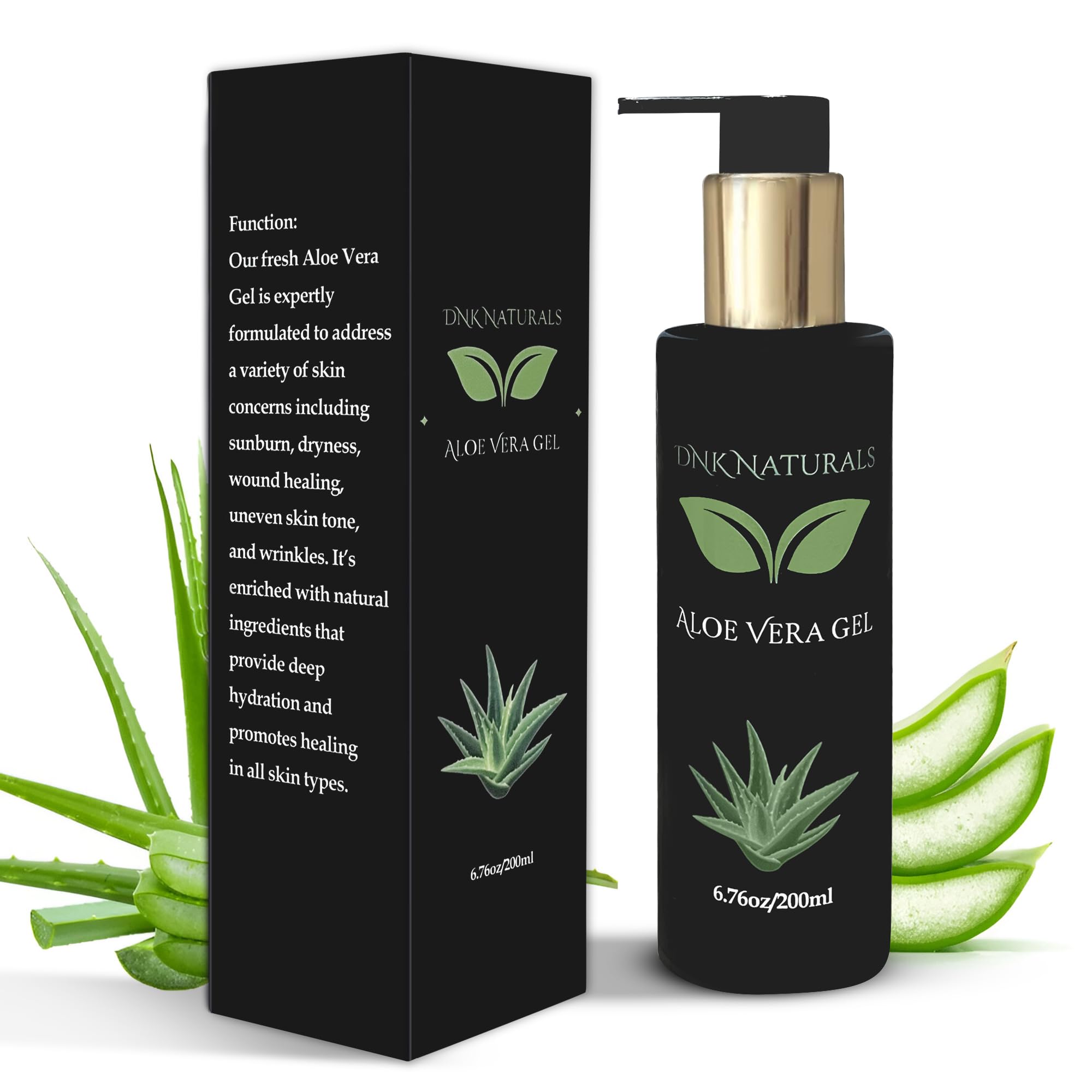 DNK Naturals Aloe Vera Gel from fresh 100% Pure Aloe - Sunburn Relief - Calms Irritated Skin - Hydrates - With Niacinamide - For Face, Body, and Hair - Vegan, No Fragrance - 200ml