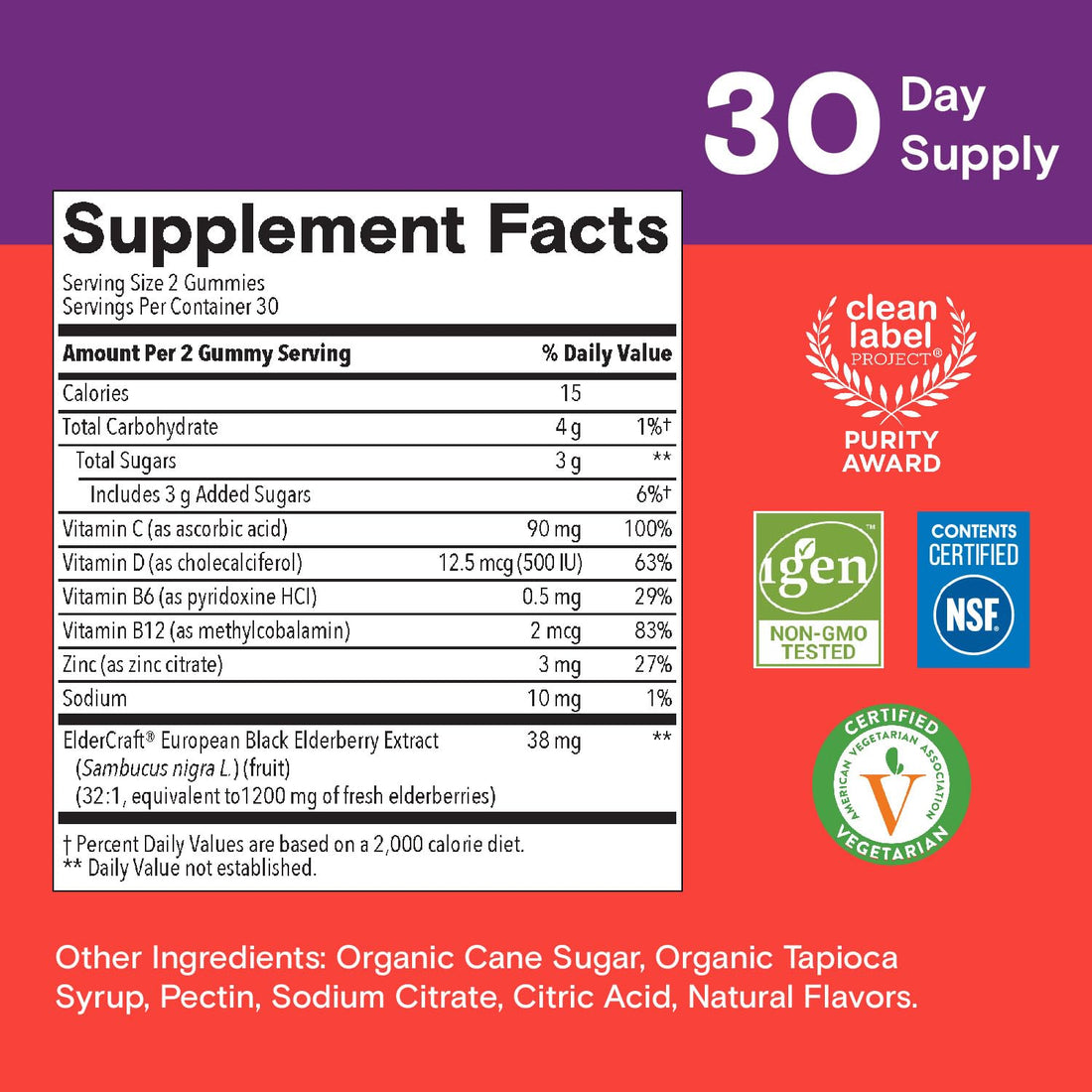 SmartyPants Kids Immunity Elderberry Gummies: Kids Immune Support Supplement, Vitamin C, Vitamin D, Vitamins B6 & B12 and Zinc, Gluten Free, Elderberry Flavor, 60 Count (30 Day Supply)