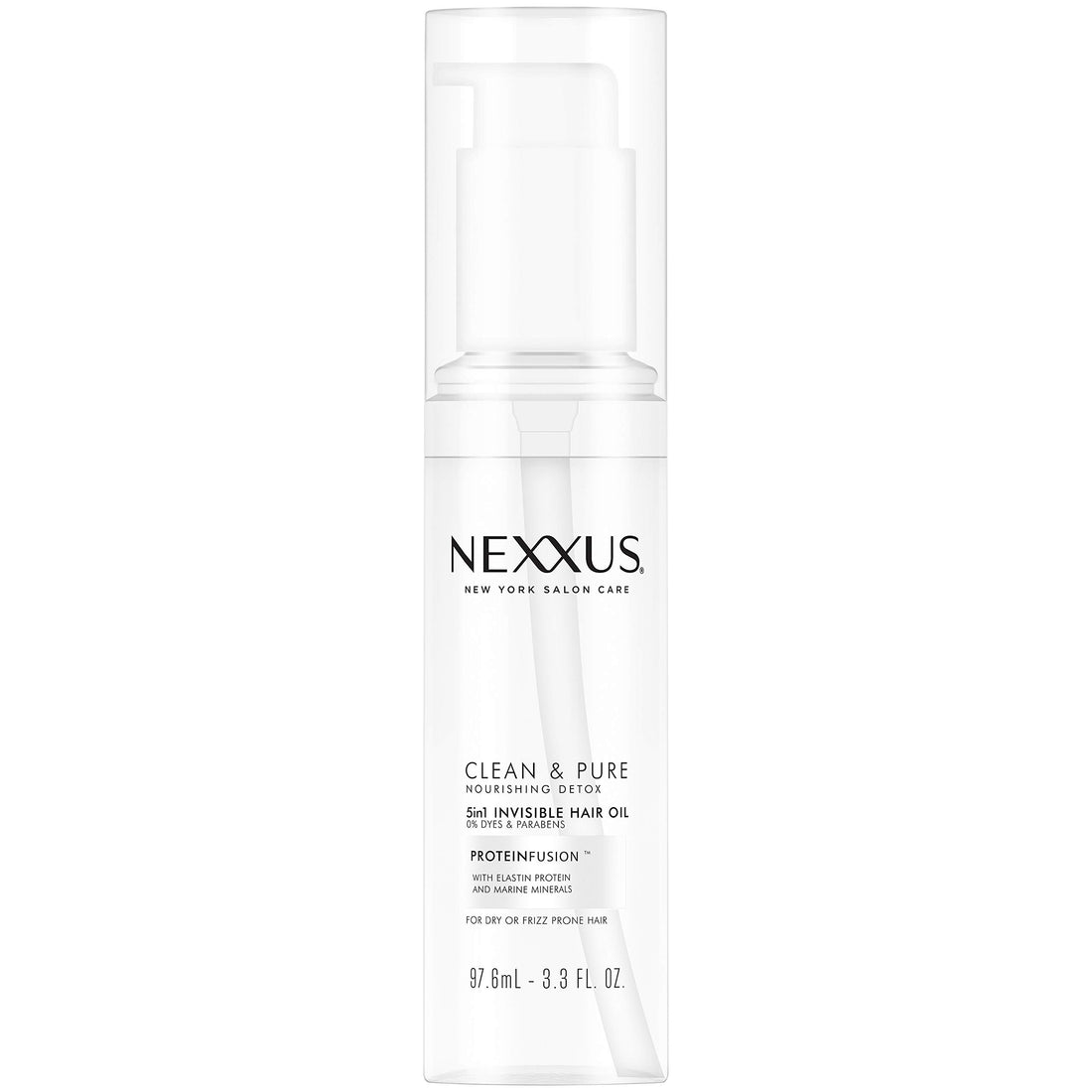 Nexxus Clean & Pure 5in1 Invisible Hair Oil, Hair Oil for Frizzy Hair, Nourishing Detox Paraben-Free, Dye-Free 3.3 oz