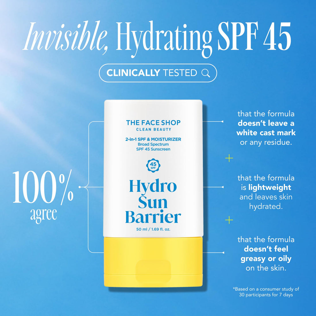 THE FACE SHOP Hydro Sun Barrier 2-in-1 Sunscreen & Moisturizer, Broad Spectrum SPF 45, Korean Sunscreen Skin care, Daily Hydrating Moisturizer for Face with Niacinamide, No White Cast