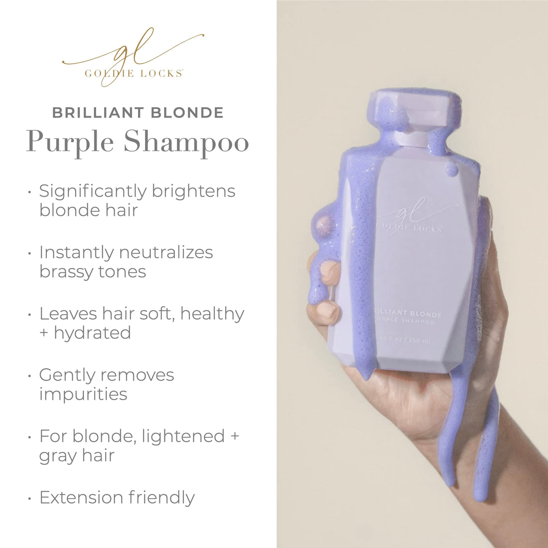 Goldie Locks Brilliant Blonde Purple Shampoo for Blonde, Lightened, Grey Hair & Extensions, Brightens, Tones, Eliminates Brass, Sulfate-Free, Nourishing, Moisturizing, Color Safe, 8.45 Fl Oz Bottle