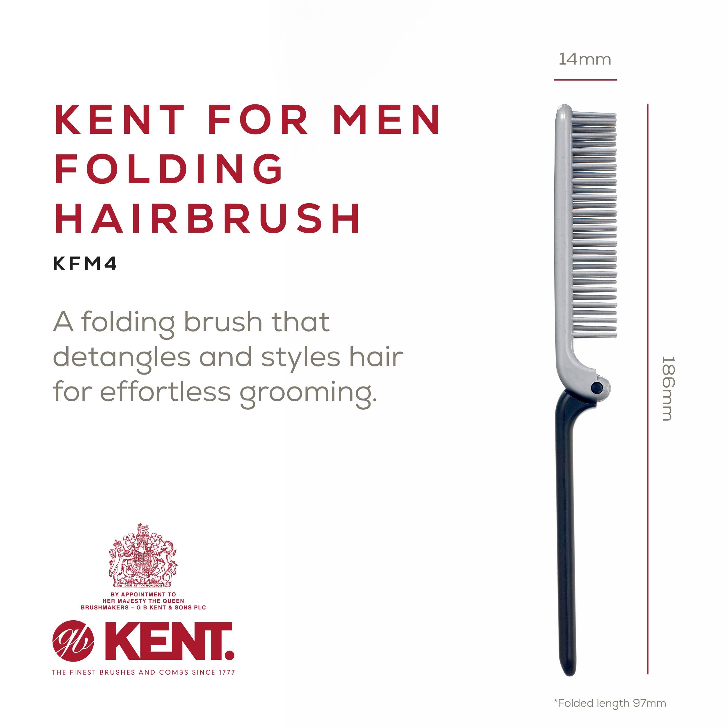 Kent KFM4 Anti-Static Hair Brush for Men - Folding Mini Hairbrush for Frizz-Free Styling and Daily Grooming, Made in England