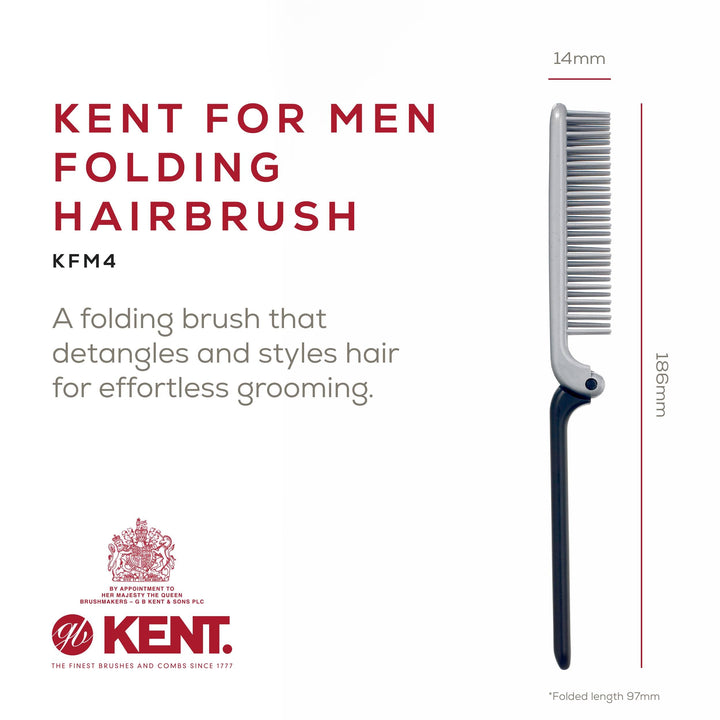 Kent KFM4 Anti-Static Hair Brush for Men - Folding Mini Hairbrush for Frizz-Free Styling and Daily Grooming, Made in England