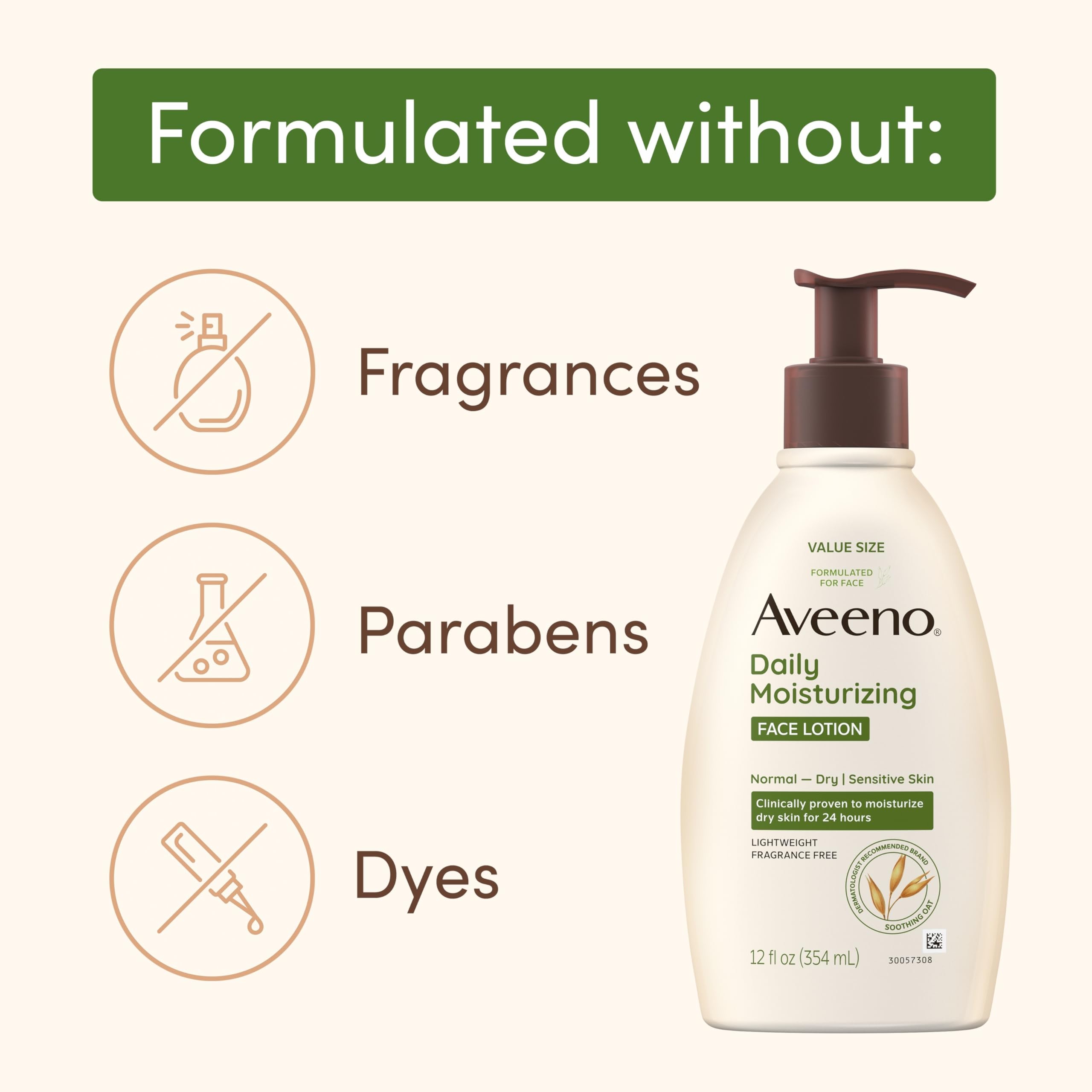 Aveeno Daily Moisturizing Face Lotion with Soothing Prebiotic Oat, Gentle Lotion Nourishes Normal to Dry Skin With Moisture, Facial Lotion for Sensitive Skin, Fragrance-Free, 12 fl. oz