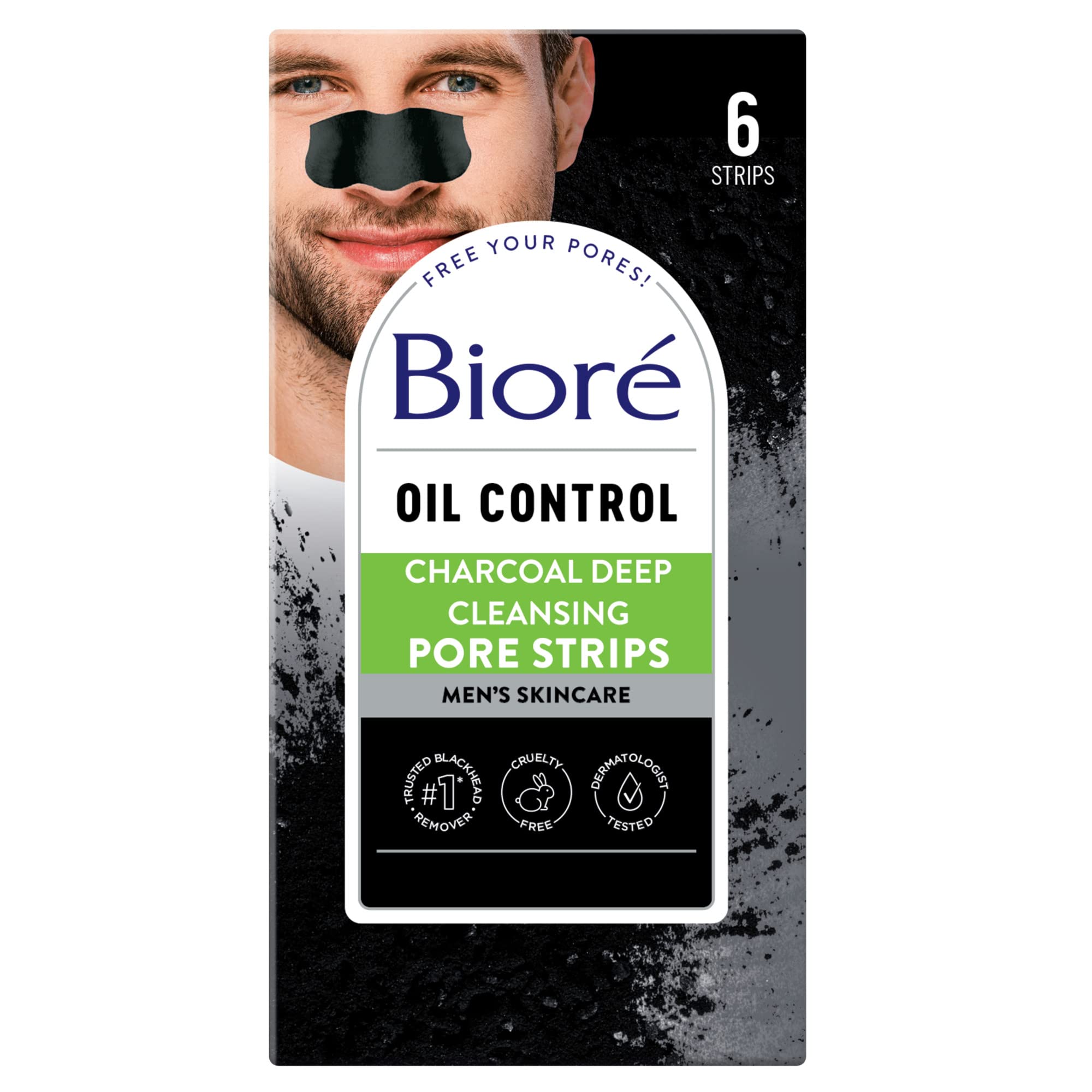 Bioré Charcoal Deep Cleansing Pore Strips for Men, Nose Strips for Blackhead Removal on Oily Skin, Features C-Bond Technology with Instant Pore Unclogging, 6 Count