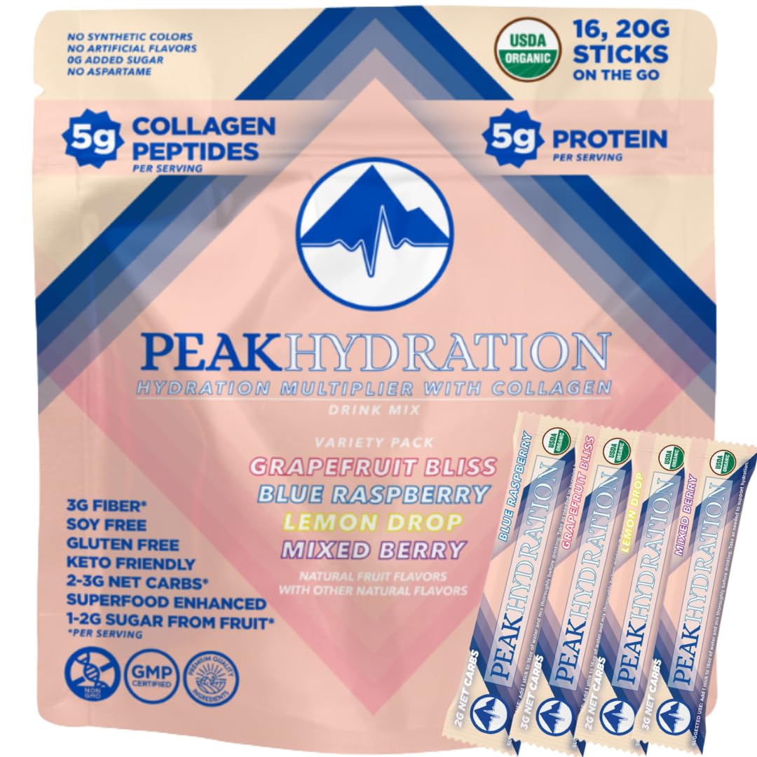Peak Hydration USDA Organic Hydration Multiplier with Collagen Electrolyte Drink Mix, Keto, Superfood, Enhanced, Non GMO, Soy Free, Gluten Free, 2g Sugar from Fruit, 3G Fiber,18 Amino Acids