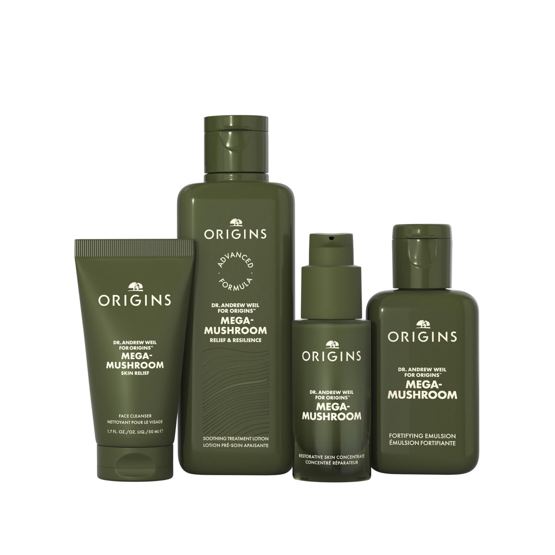 Origins 4-Piece Mega-Mushroom Skin Repair Skin Care Set | Includes Cleanser, Treatment Lotion, Restorative Concentrate & Moisturizer | Great for Sensitive Skin | With Hyaluronic Acid & Reishi Mushroom
