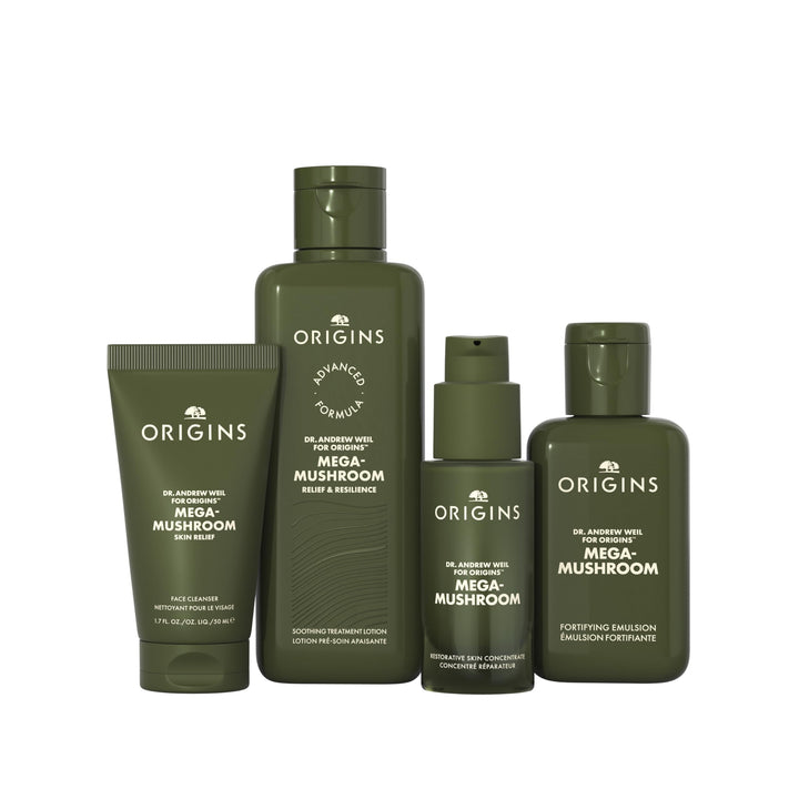 Origins 4-Piece Mega-Mushroom Skin Repair Skin Care Set | Includes Cleanser, Treatment Lotion, Restorative Concentrate & Moisturizer | Great for Sensitive Skin | With Hyaluronic Acid & Reishi Mushroom