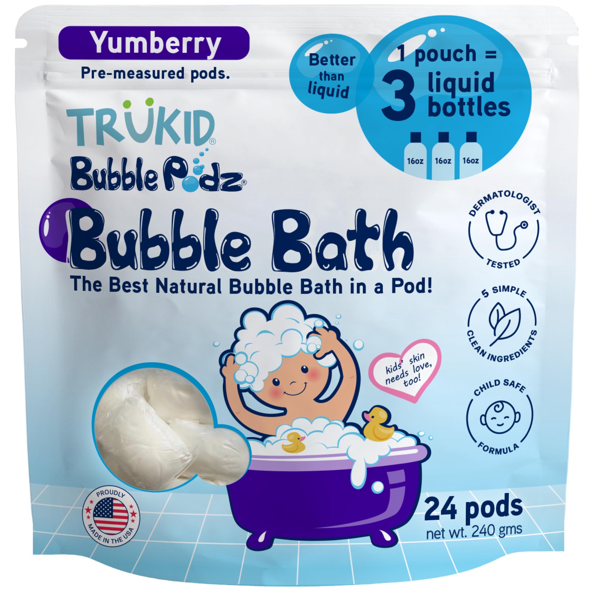 TruKid Bubble Podz Bubble Bath for Baby & Kids, Gentle Refreshing Bath Bomb for Sensitive Skin, pH Balance 7 for Eye Sensitivity, Natural Moisturizers and Ingredients, Yumberry (24 Podz)