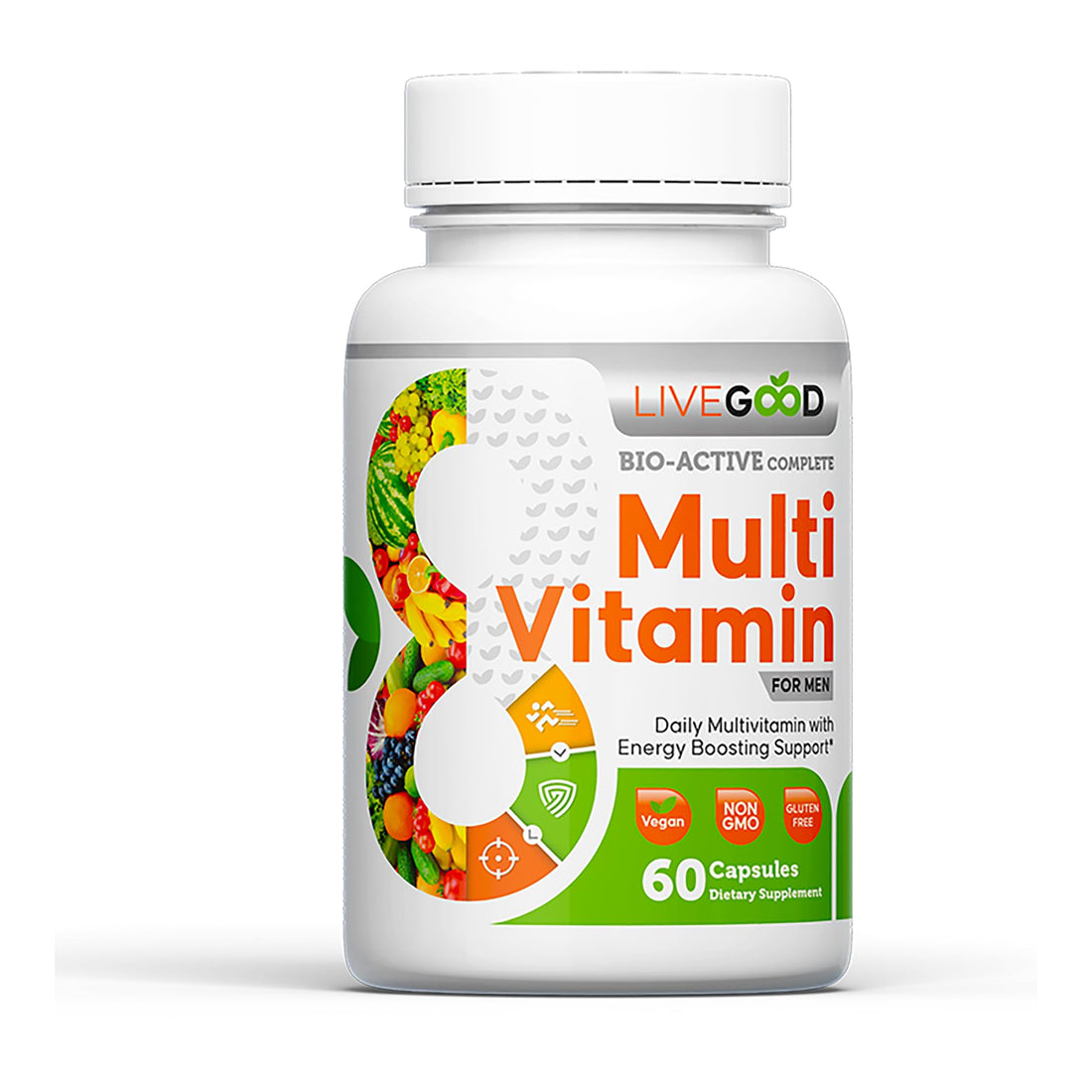 LiveGood™ Men's Bio-Active Complete Multivitamin, Daily Supplement with Vitamin A, B12, C, E, Lycopene, Vegan, 60 Capsules