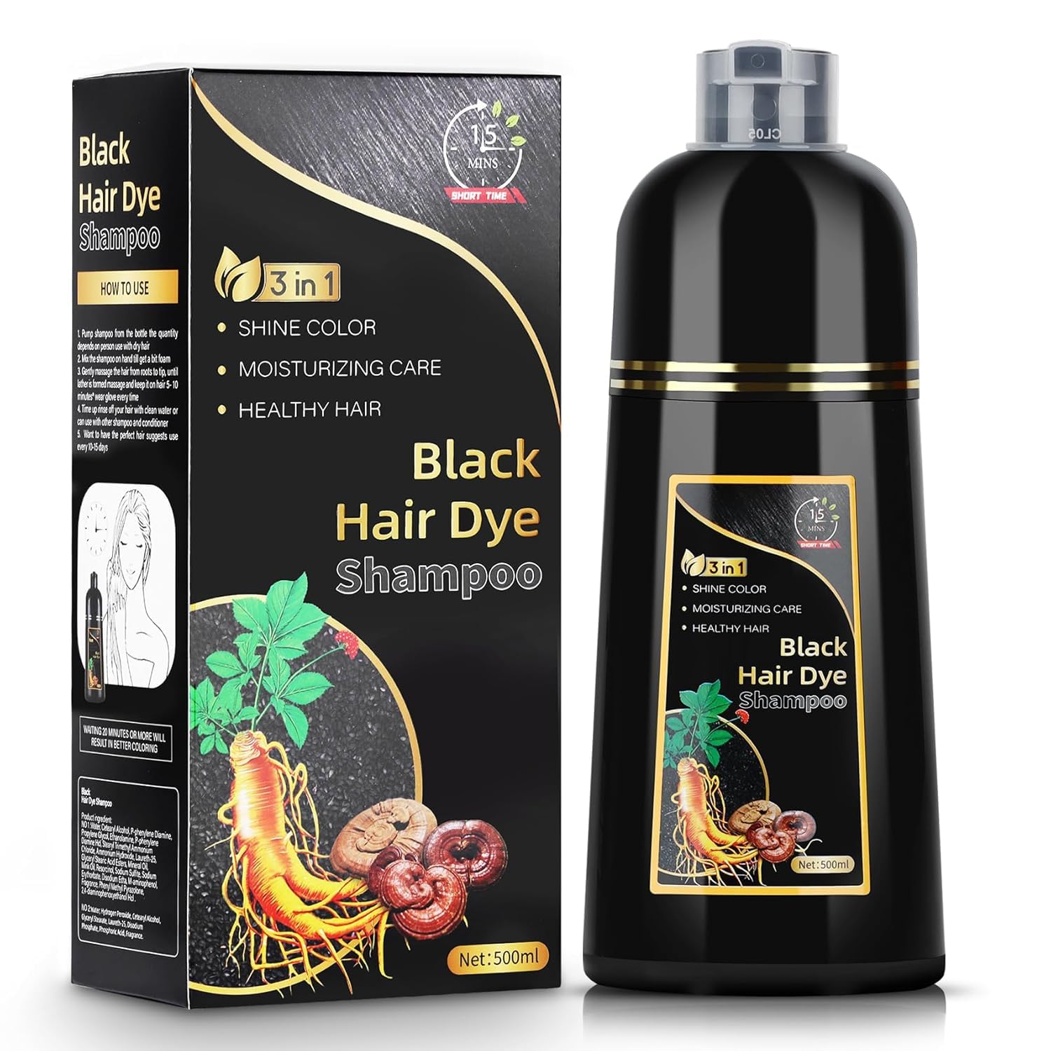 AUSGREER Black Hair Dye Shampoo 3 in 1 for Women & Men Gray Hair Coverage, Hair Color Shampoo,Herbal Ingredients Long Lasting Color 16.9Fl Oz(500ML)