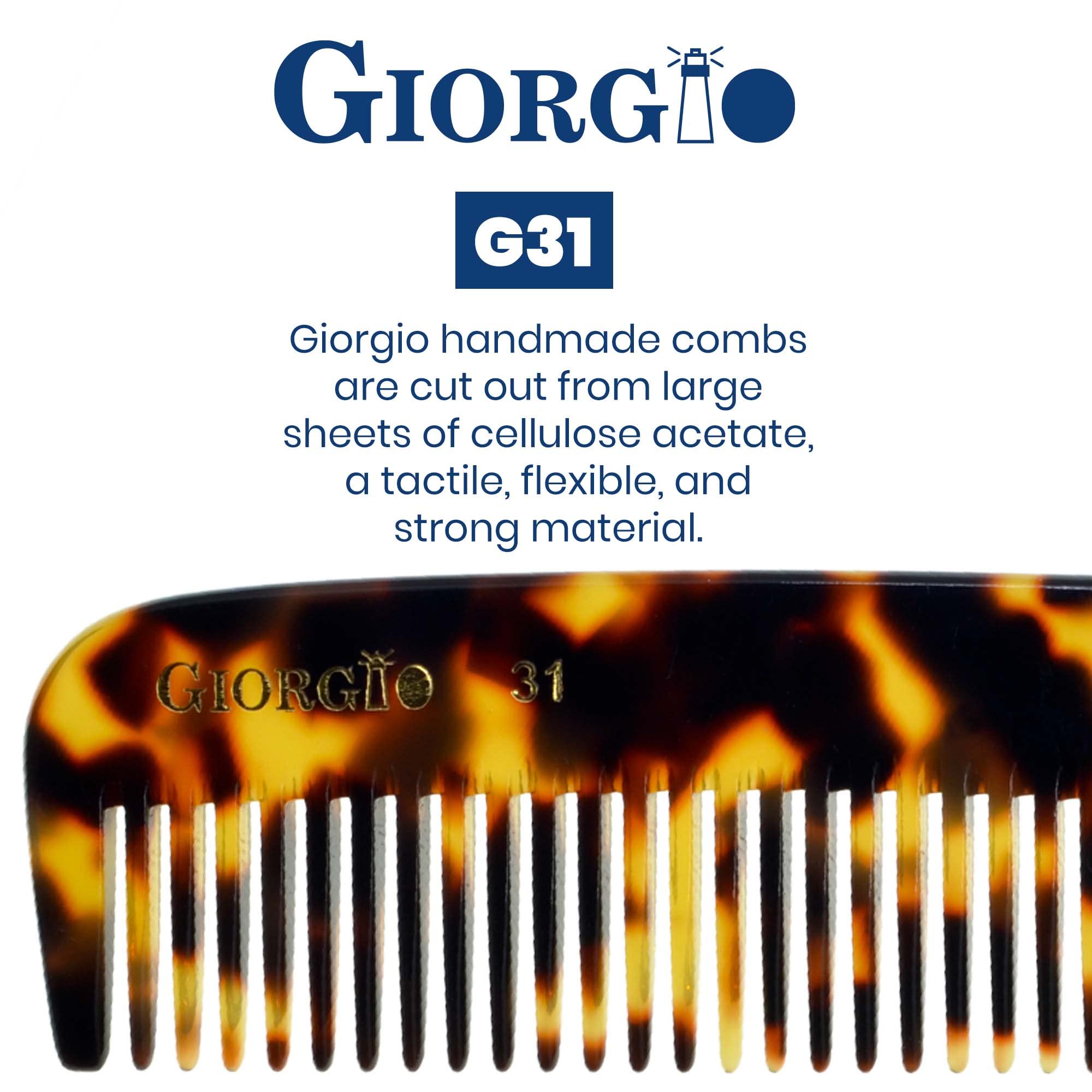 Giorgio G31 Double Tooth Hair Dressing Table Comb, Fine and Wide Tooth Dresser Comb For Hair, Beard and Mustache, Coarse and Fine Hair Styling Comb. Handmade Saw-Cut from Cellulose and Hand Polished