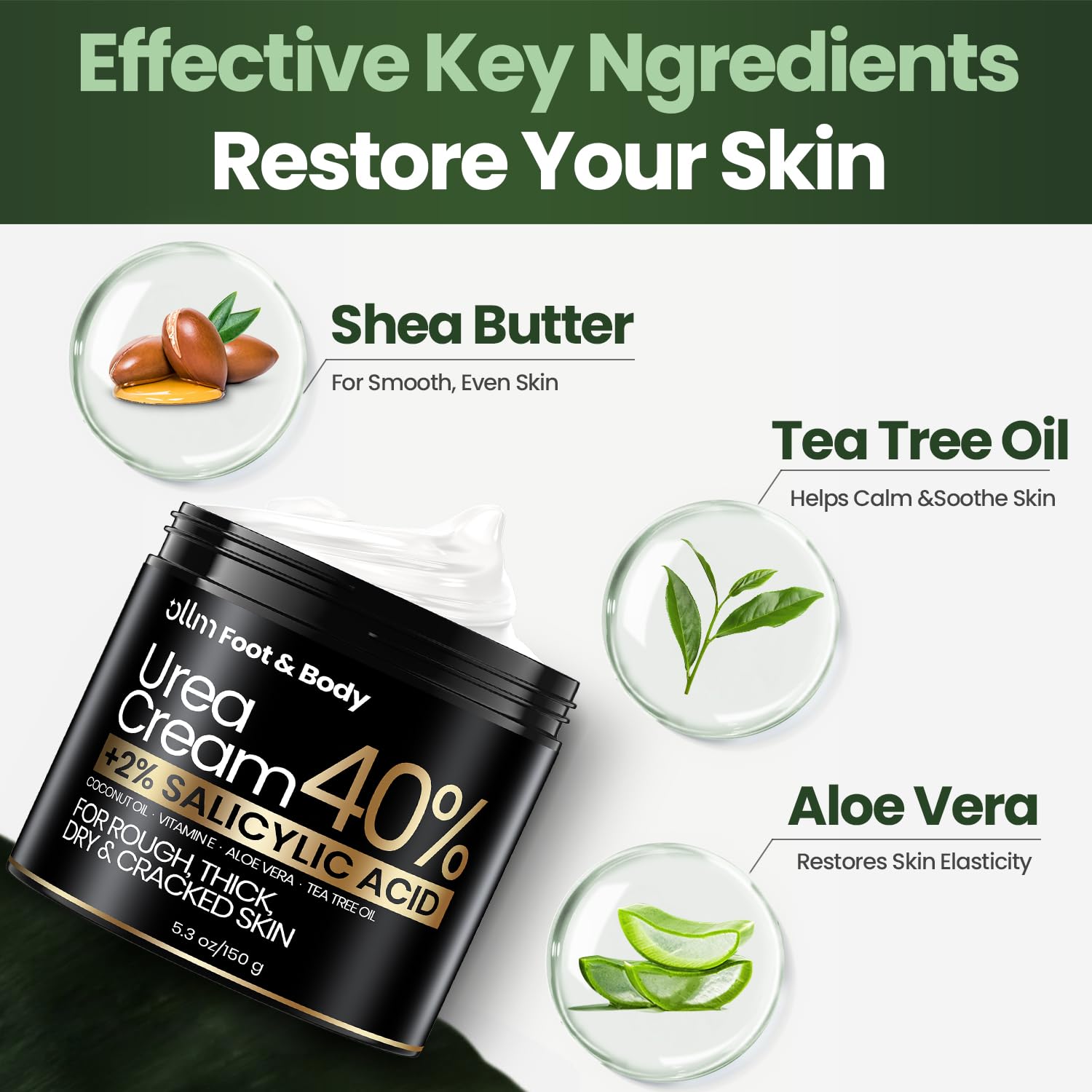 Urea Cream 40 Percent for Feet - Foot Cream for Dry Cracked Heels, 2% Salicylic Acid for Callus Remover, Maximum Strength Repair Skin, Soft & Smooth 40% Urea Lotion Moisturizer Elbows Hands Knees