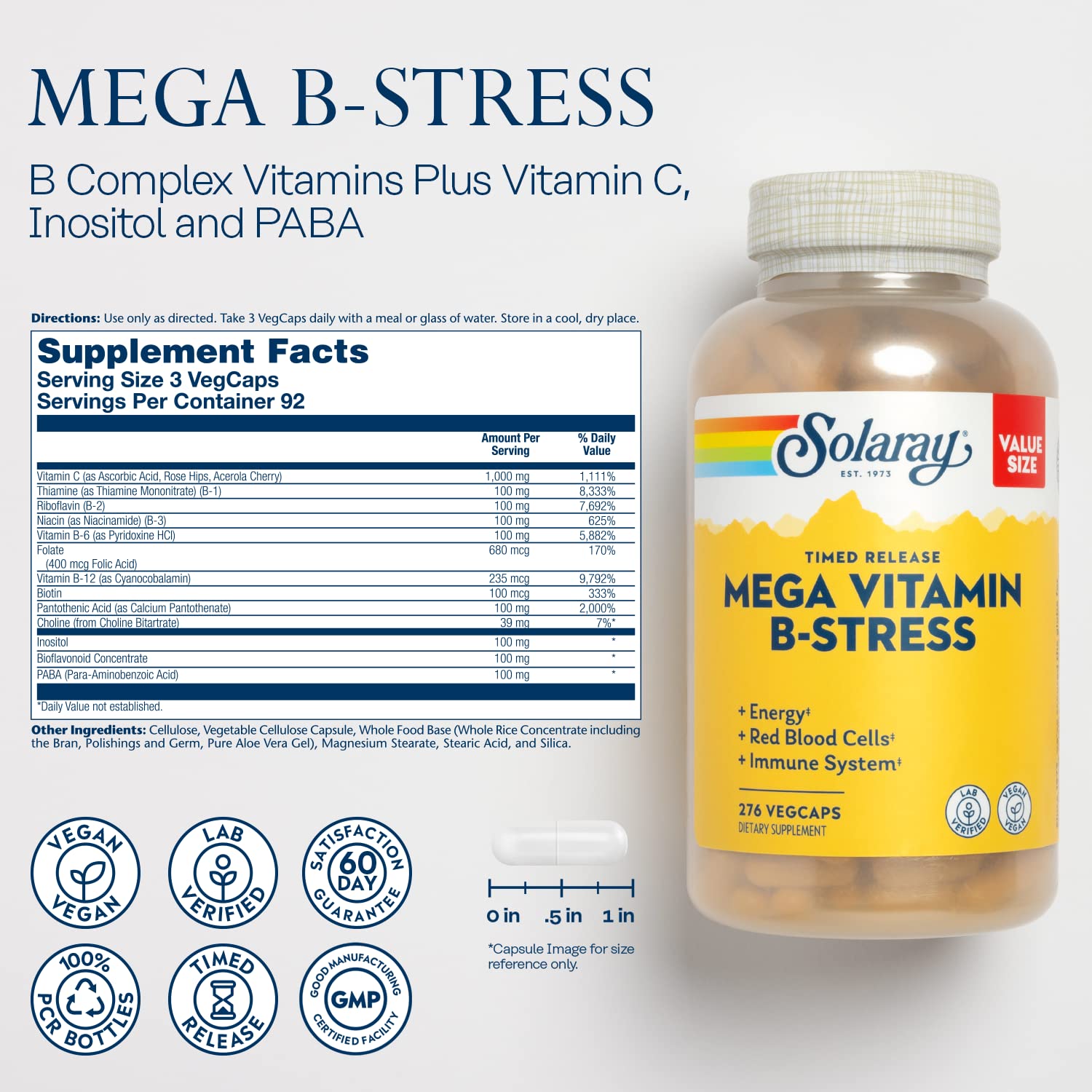 SOLARAY Mega Vitamin B-Stress - Timed Release Vitamin B Complex w/Vitamin B12, B6, Folic Acid, VIT. C - Stress, Energy, Red Blood Cell, Immune Support - Vegan, 60-Day Guarantee (276 CT)